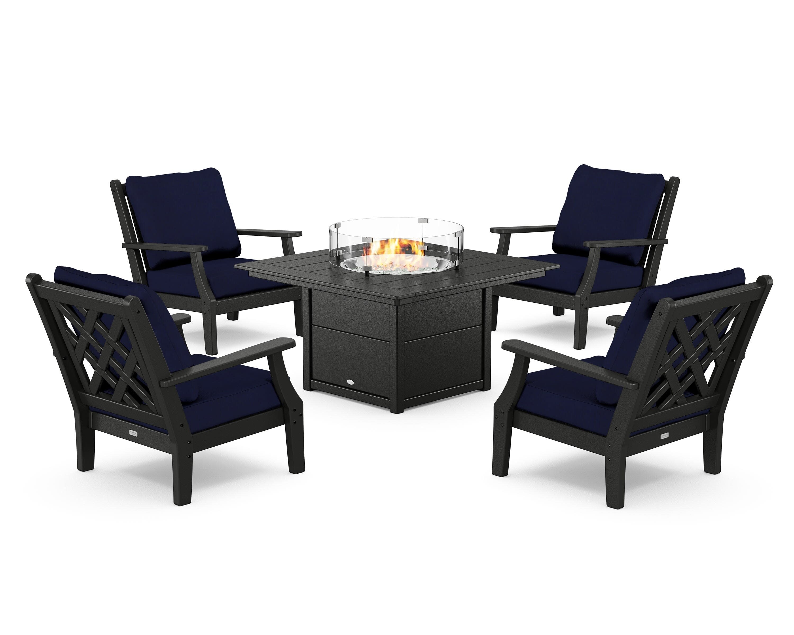 Wovendale 5-Piece Deep Seating Set with Fire Pit Table in Black / Navy