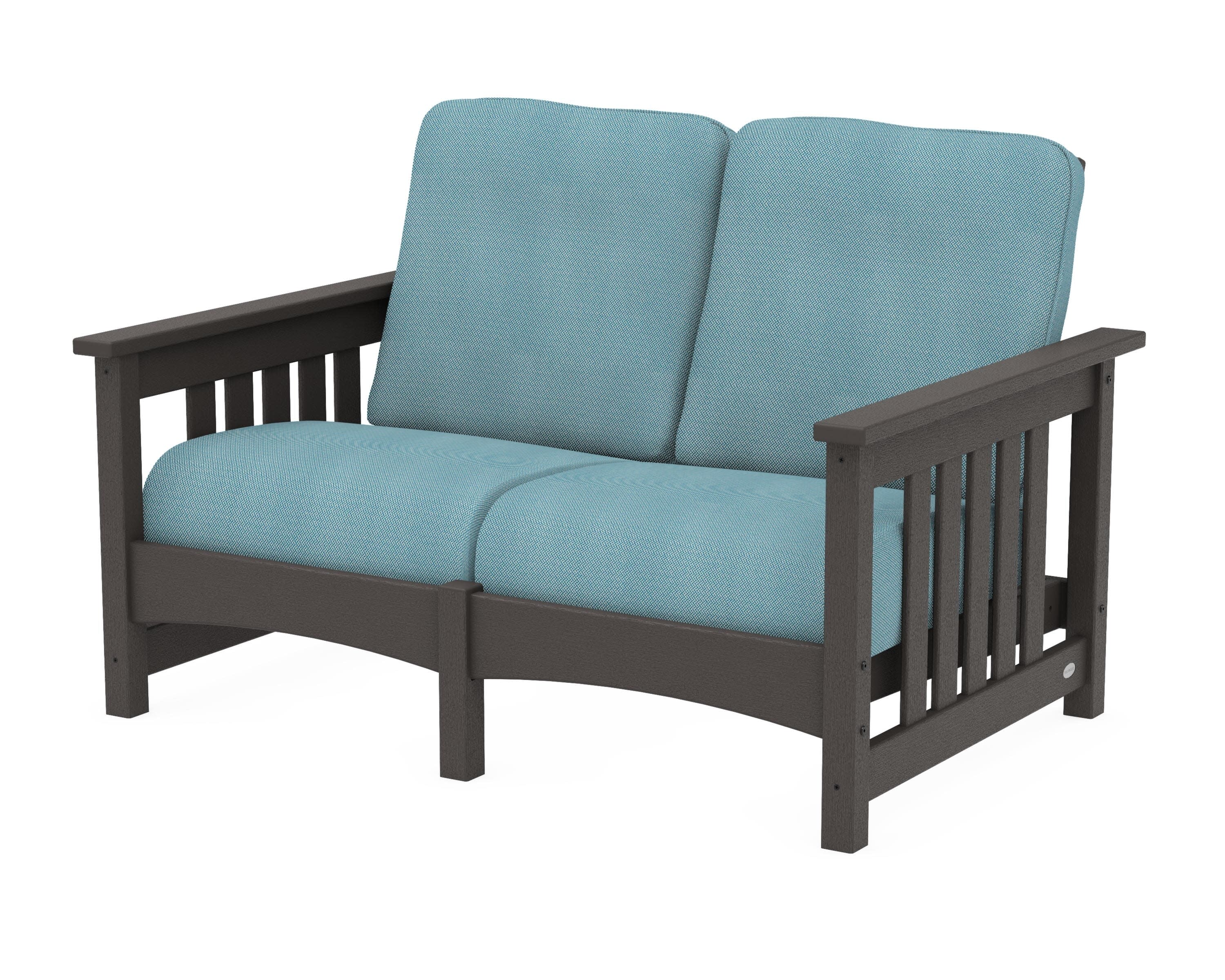 Club Mission Loveseat in Vintage Coffee / Lattice Sky Blue