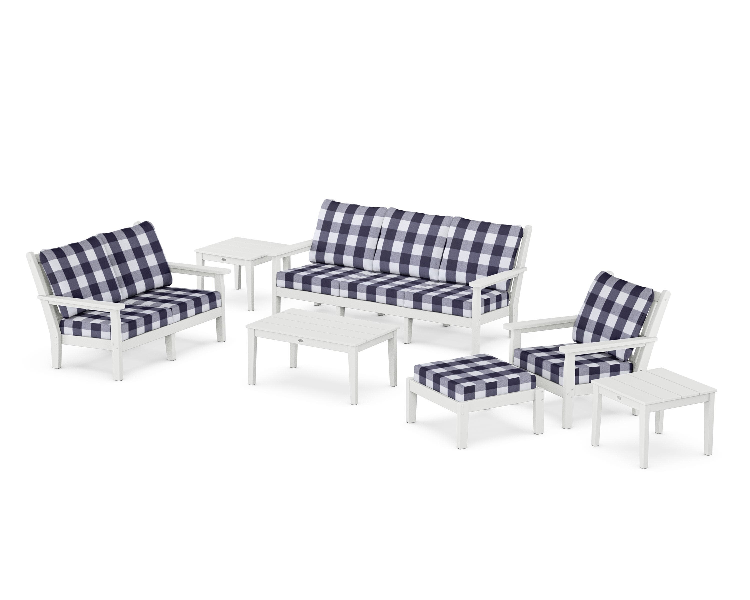 Chippendale 7-Piece Deep Seating Set in White / Buffalo Plaid Navy