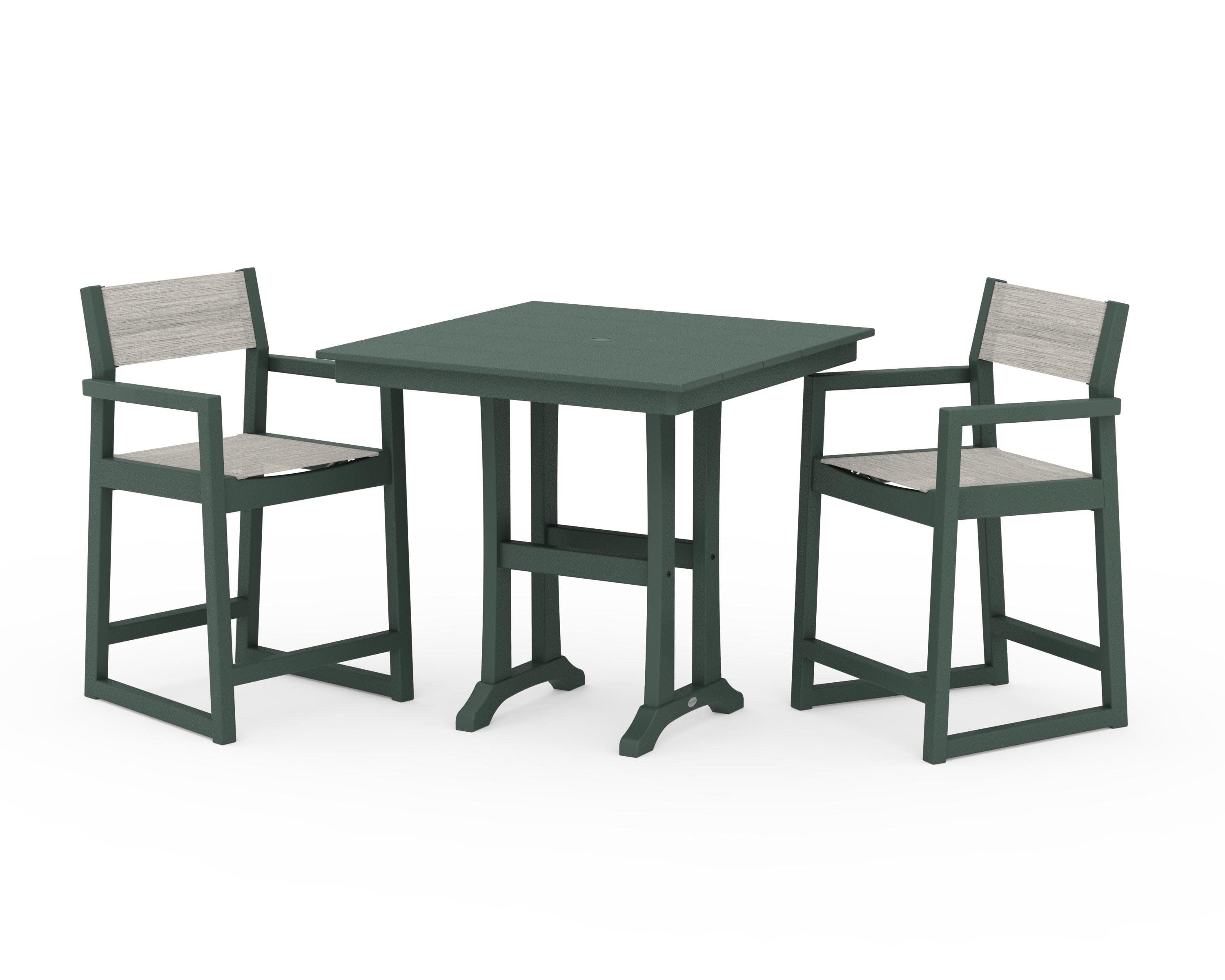 EDGE Sling Arm Chair 3-Piece Farmhouse Counter Set with Trestle Legs in Green / Birch Sling