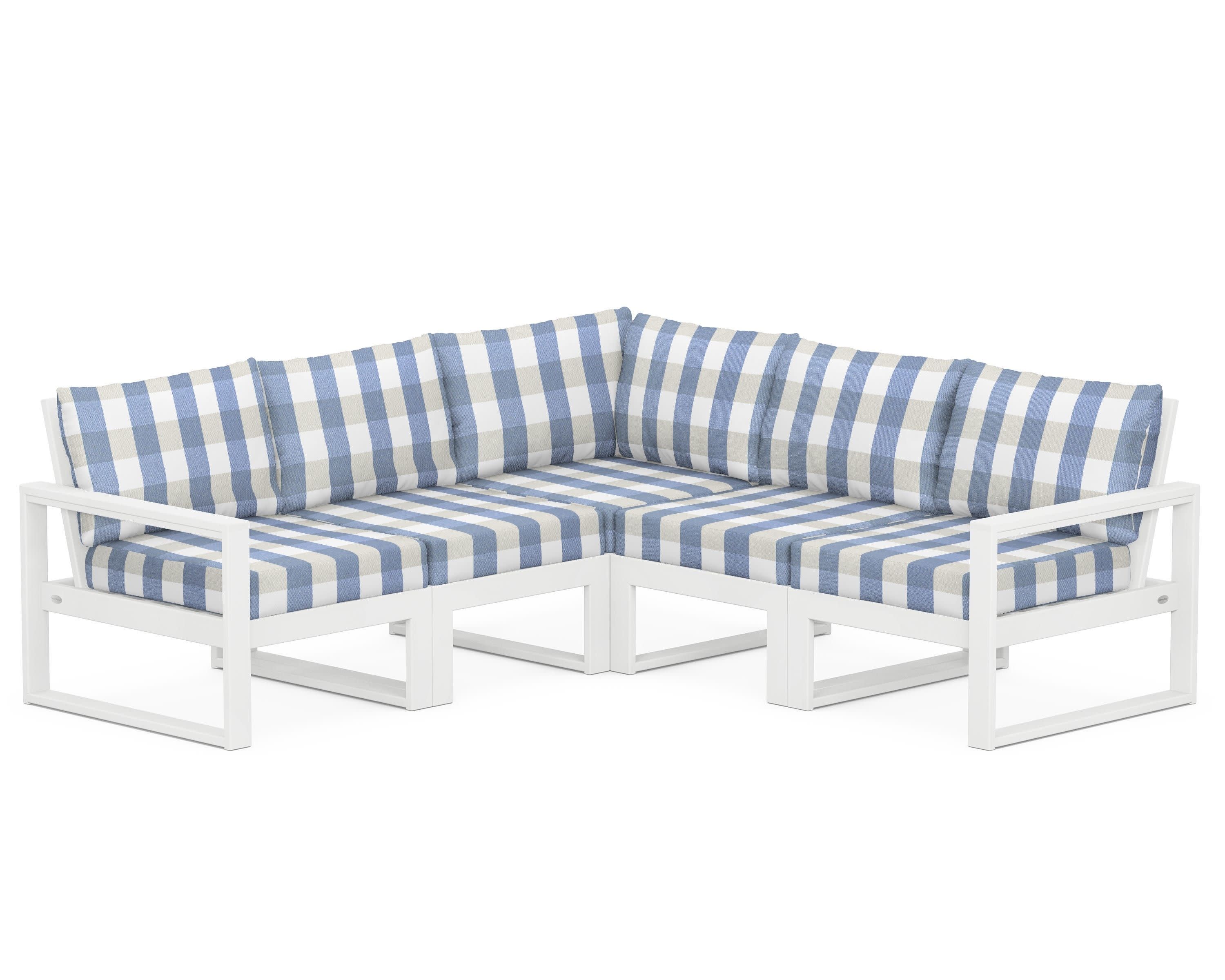 EDGE 5-Piece Modular Deep Seating Set in White / Buffalo Plaid Sky Blue