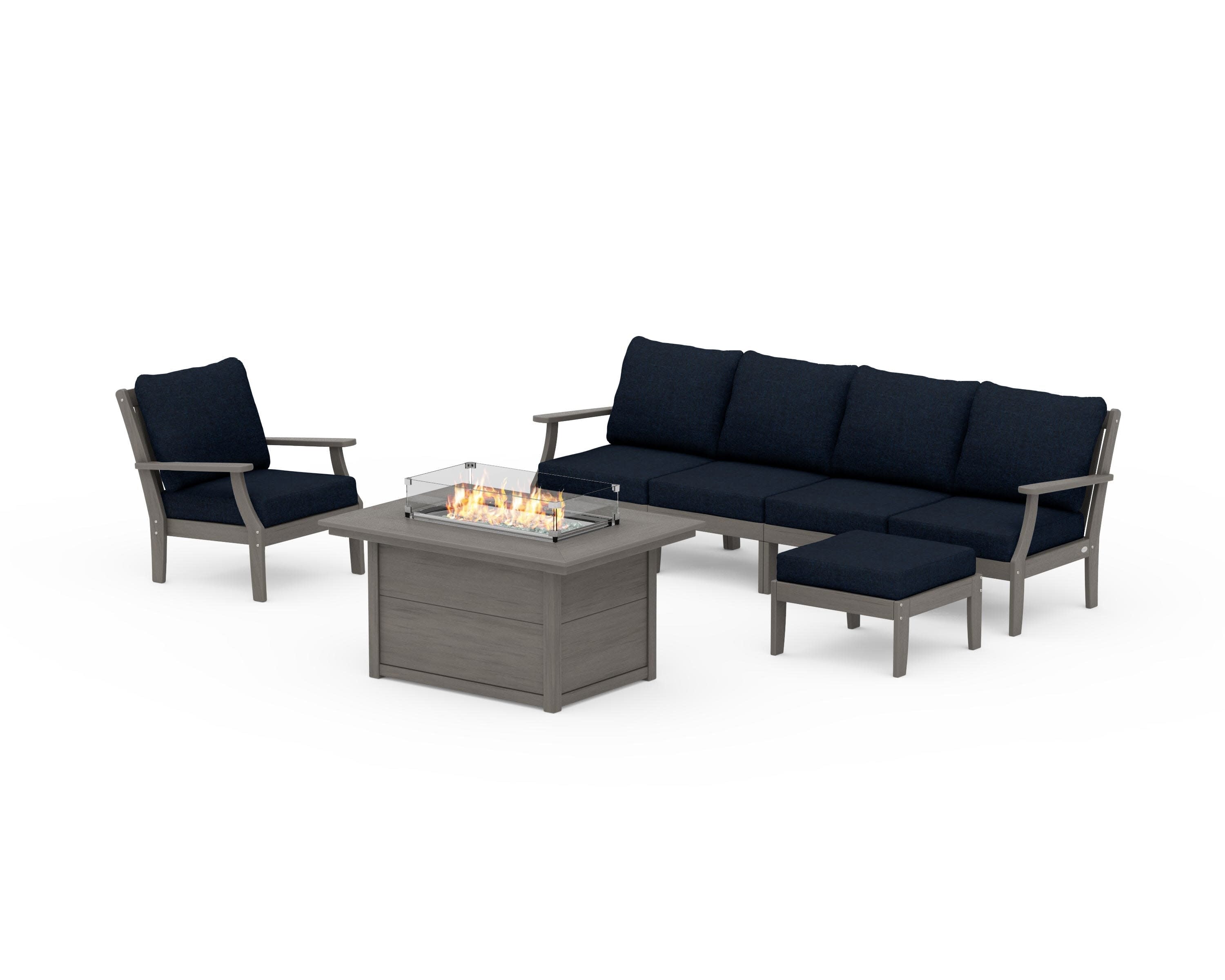 Braxton Sectional Lounge and Fire Pit Set in Driftwood / Marine Indigo