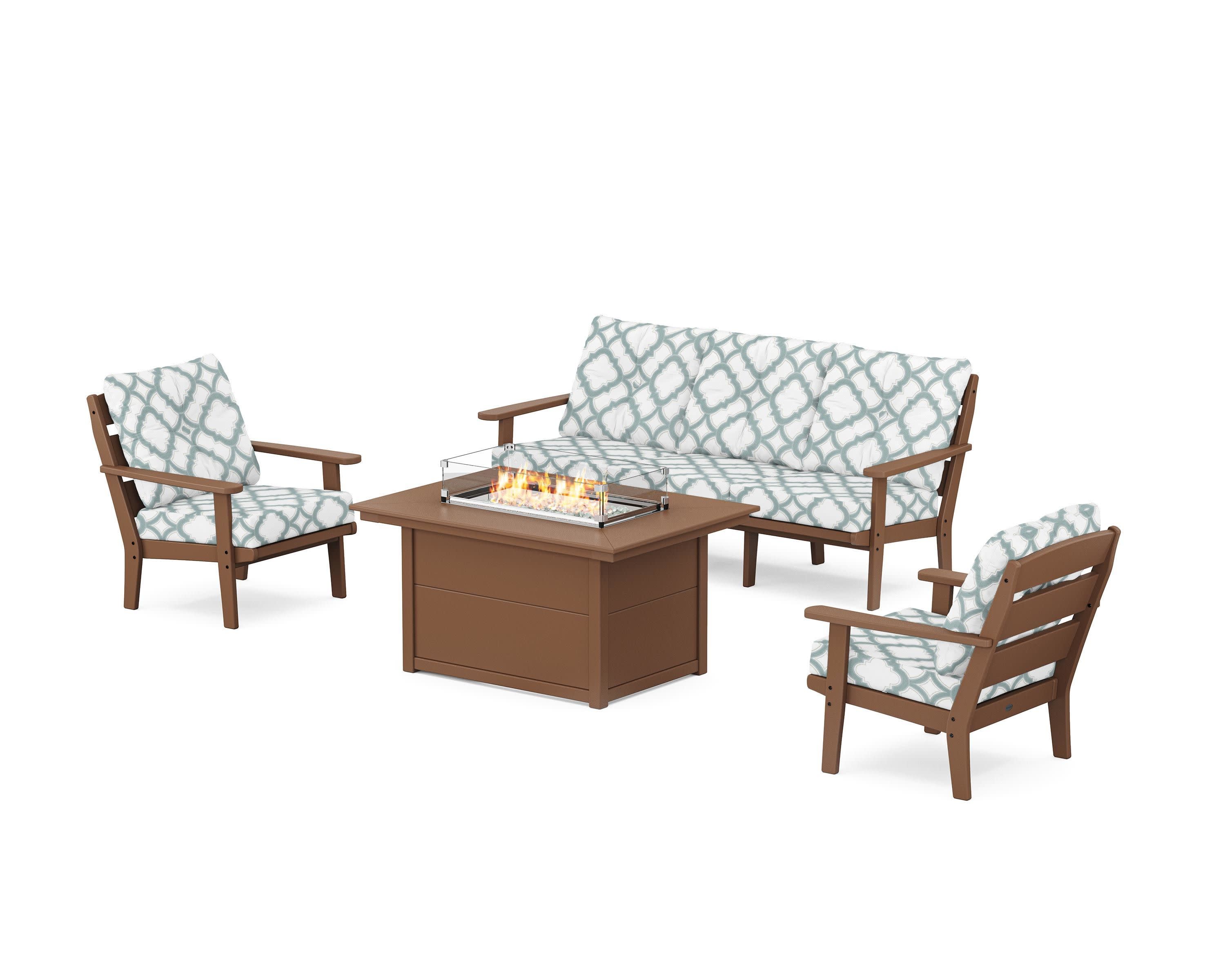 Lakeside Deep Seating Fire Pit Table Set in Teak / Trellis Glacier Spa
