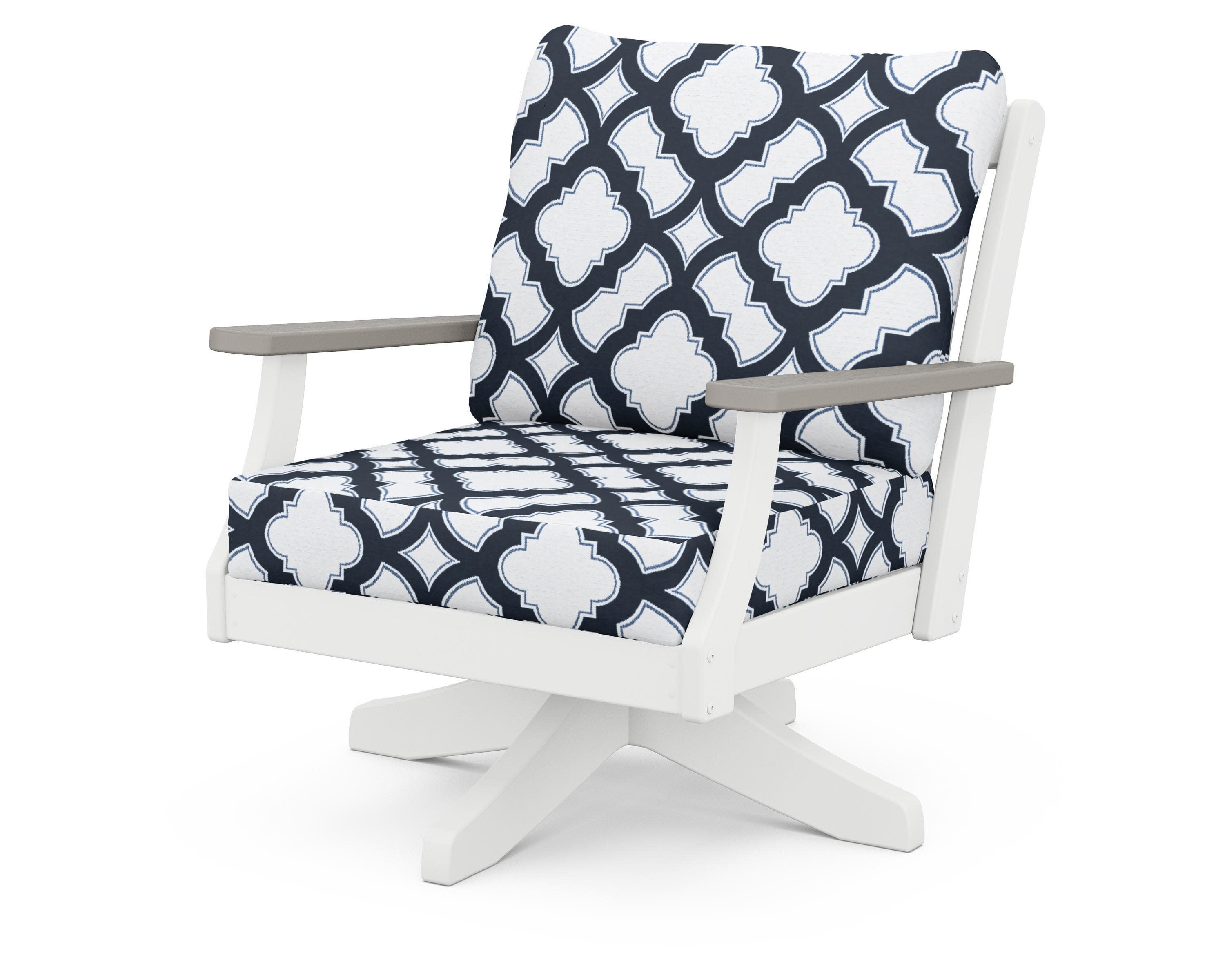 Braxton Deep Seating Swivel Chair in White / Driftwood / Trellis Marine Indigo