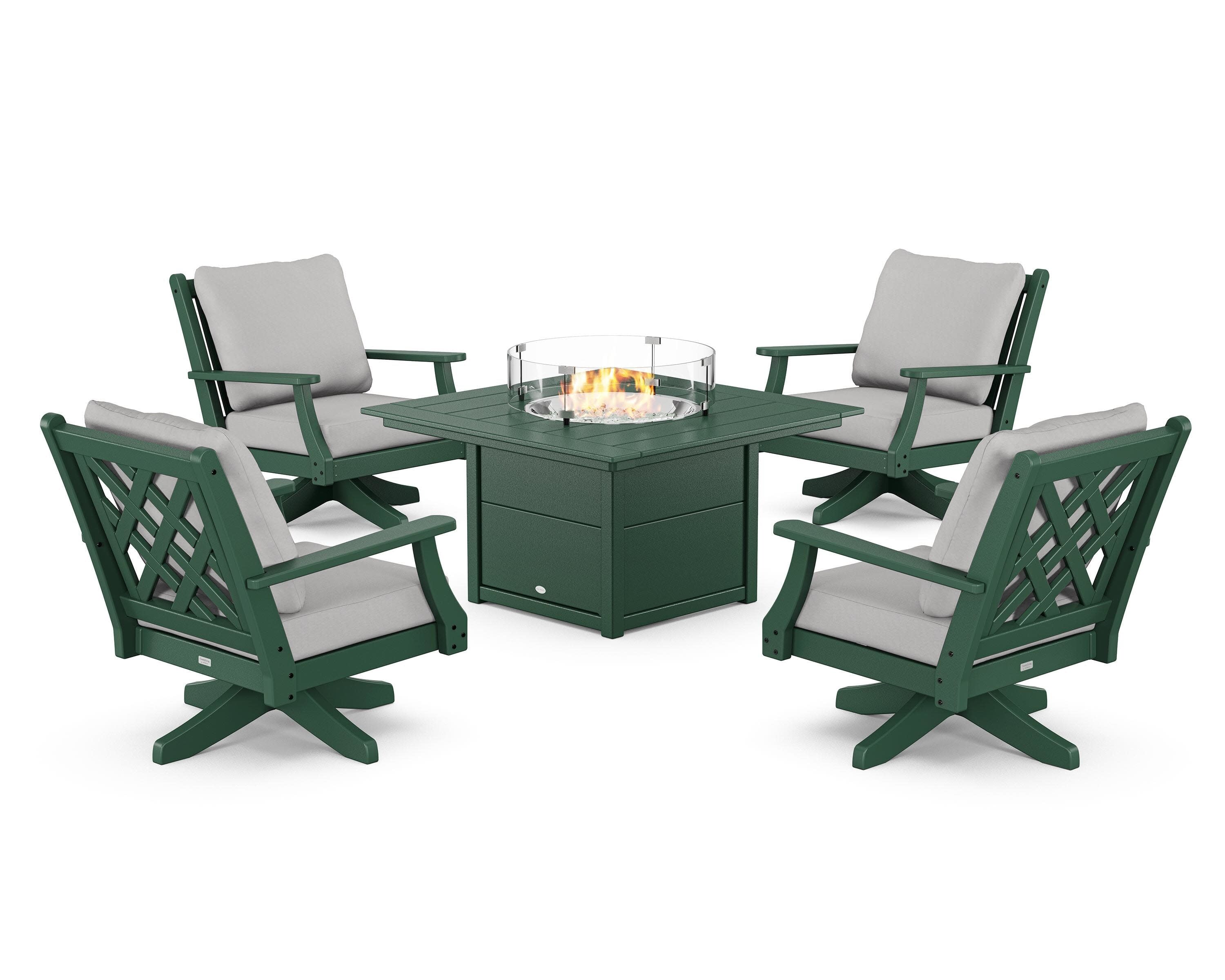 Wovendale 5-Piece Deep Seating Swivel Conversation Set with Fire Pit Table in Green / Diamond in the Rough
