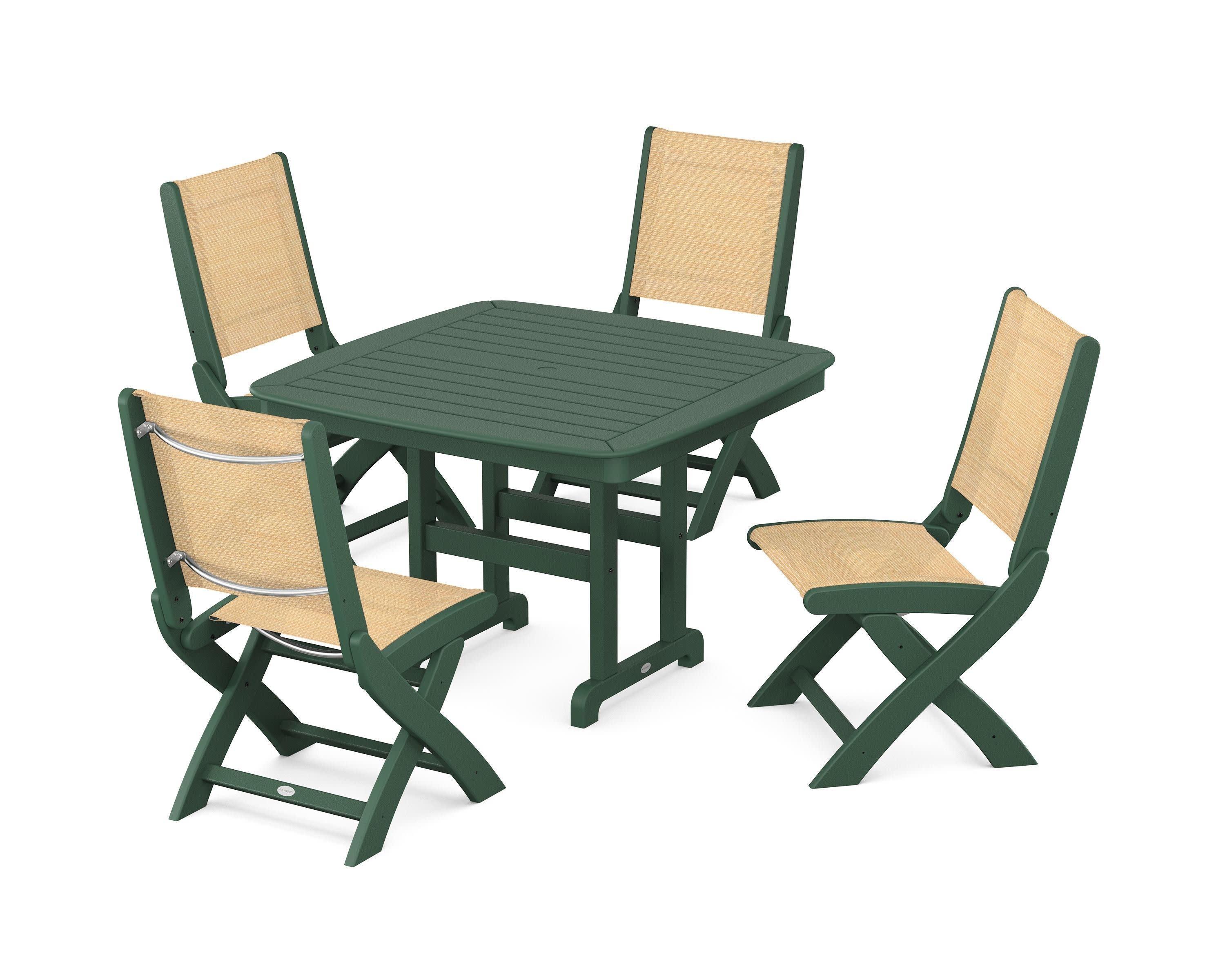 Coastal Folding Side Chair 5-Piece Dining Set in Green / Dupioni Apricot Sling