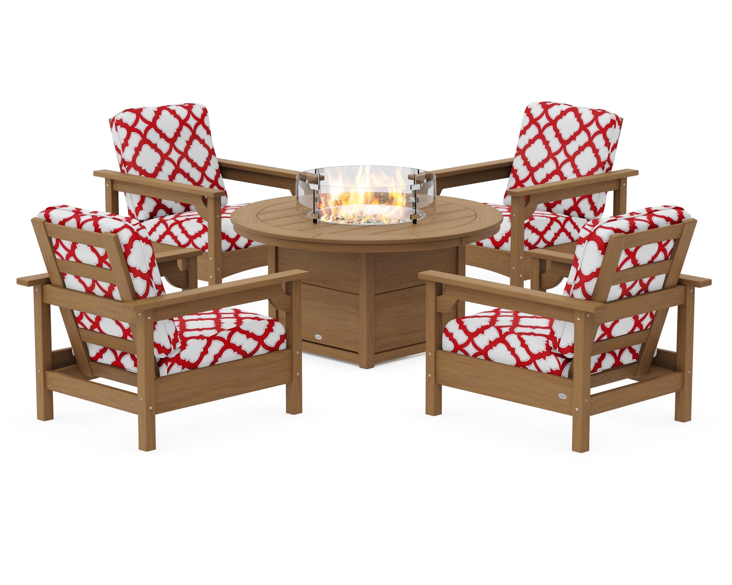 Club 5-Piece Conversation Set with Fire Pit Table in Natural / Trellis Crimson