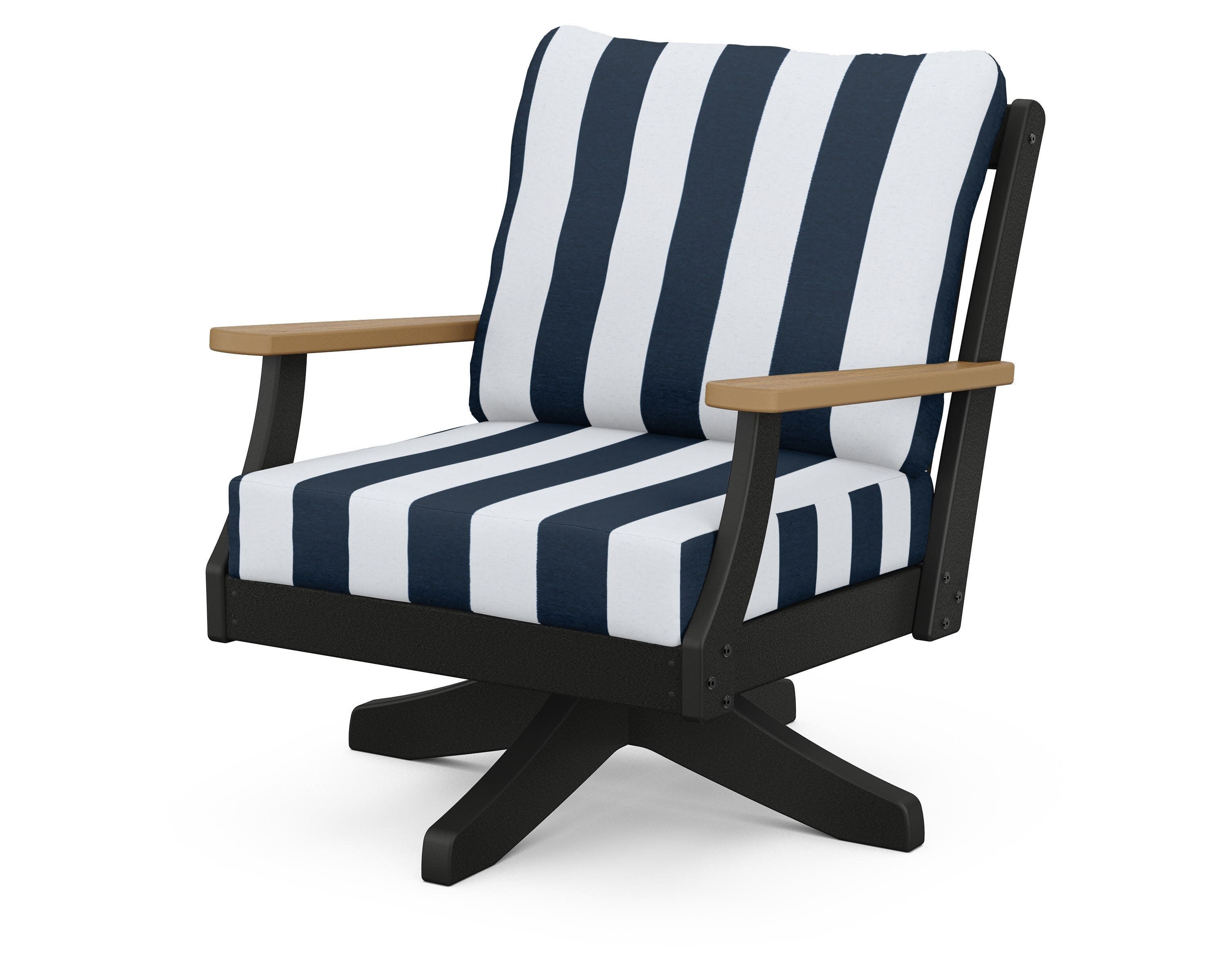 Braxton Deep Seating Swivel Chair in Black / Natural / Cabana Stripe Marine Indigo
