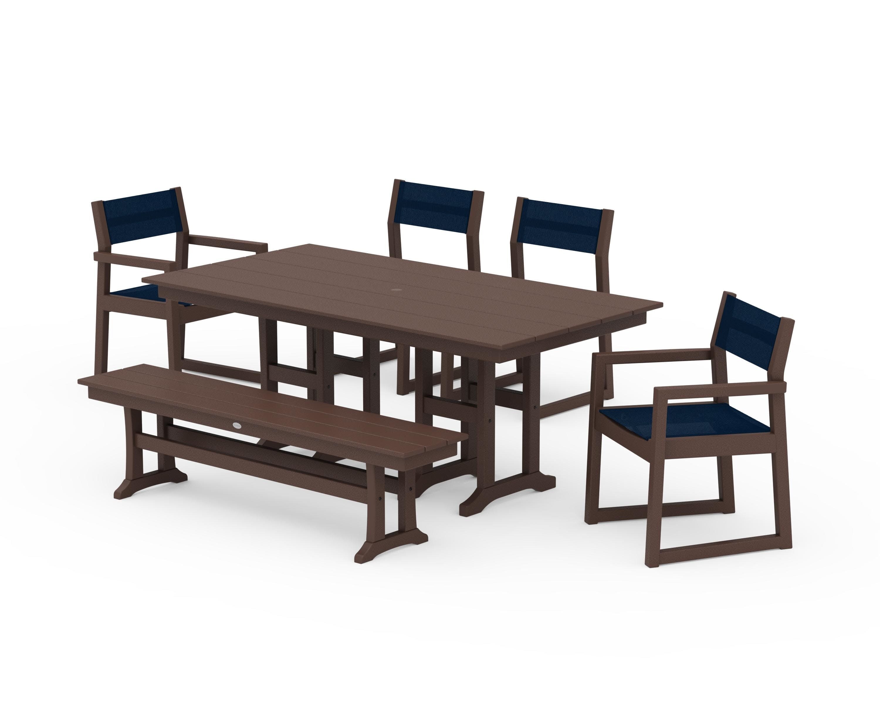 EDGE Sling 6-Piece Farmhouse Dining Set in Mahogany / Navy Blue Sling