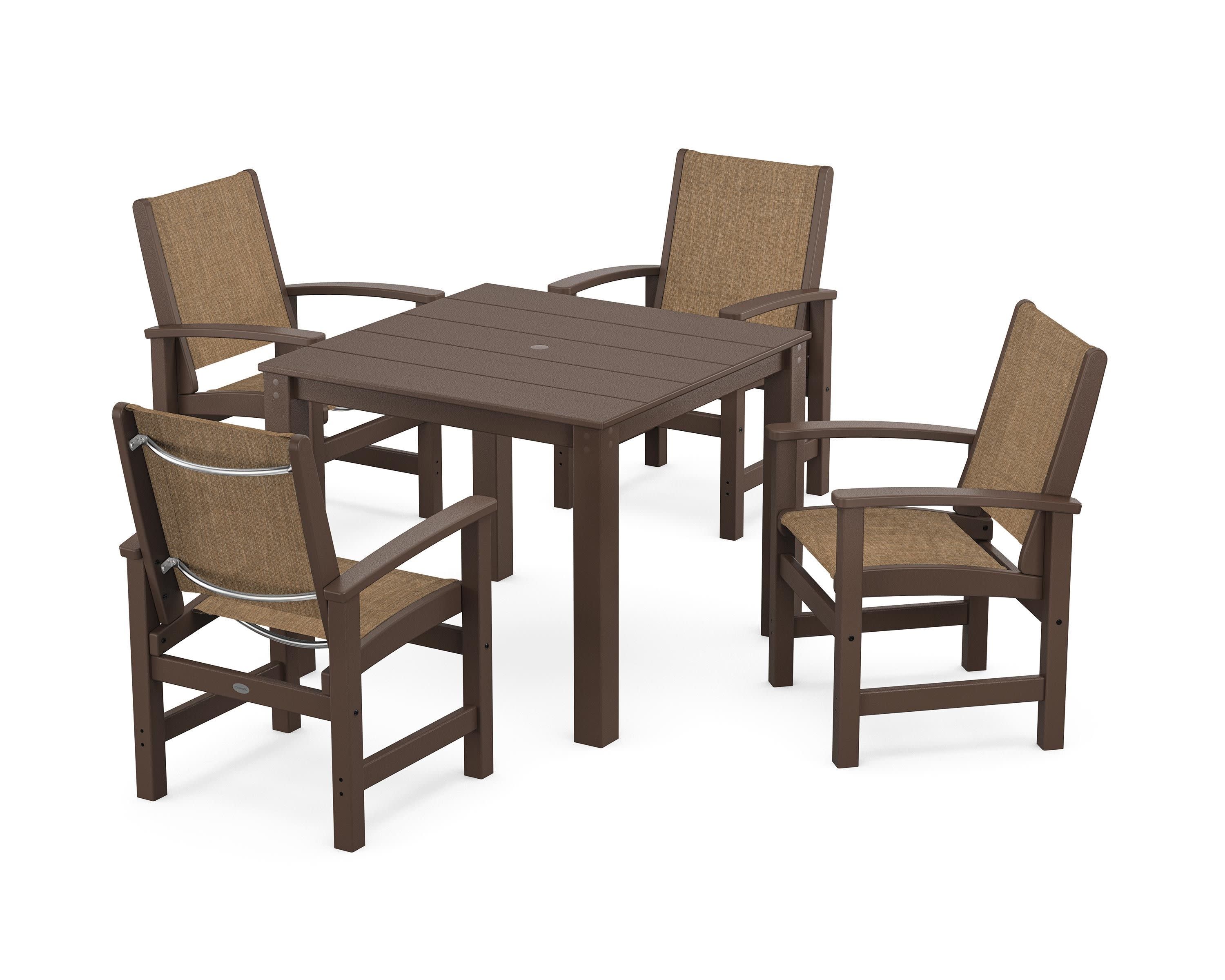 Coastal 5-Piece Parsons Dining Set in Mahogany / Burlap Sling