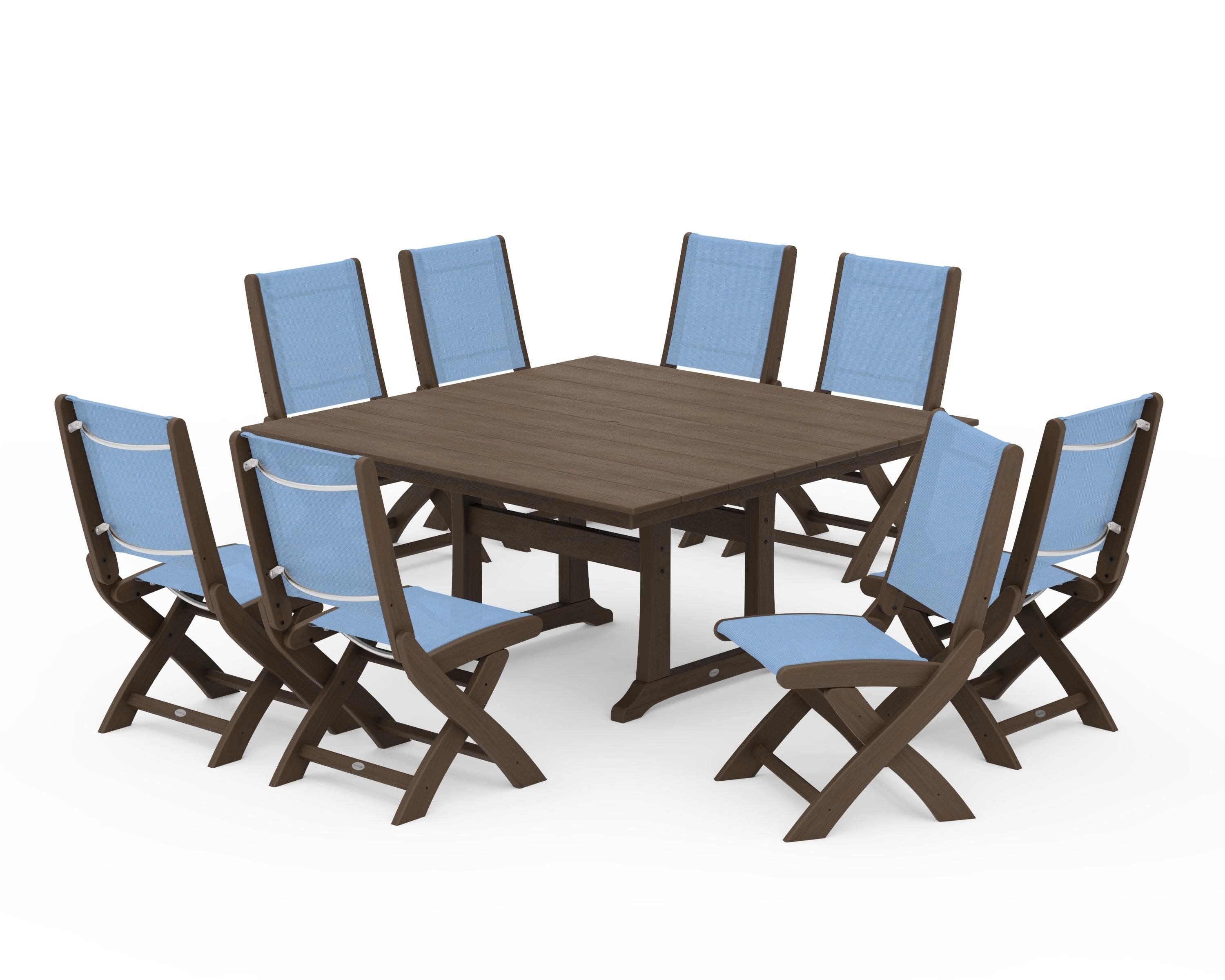 Coastal Folding Side Chair 9-Piece Dining Set with Trestle Legs in Kona / Poolside Sling