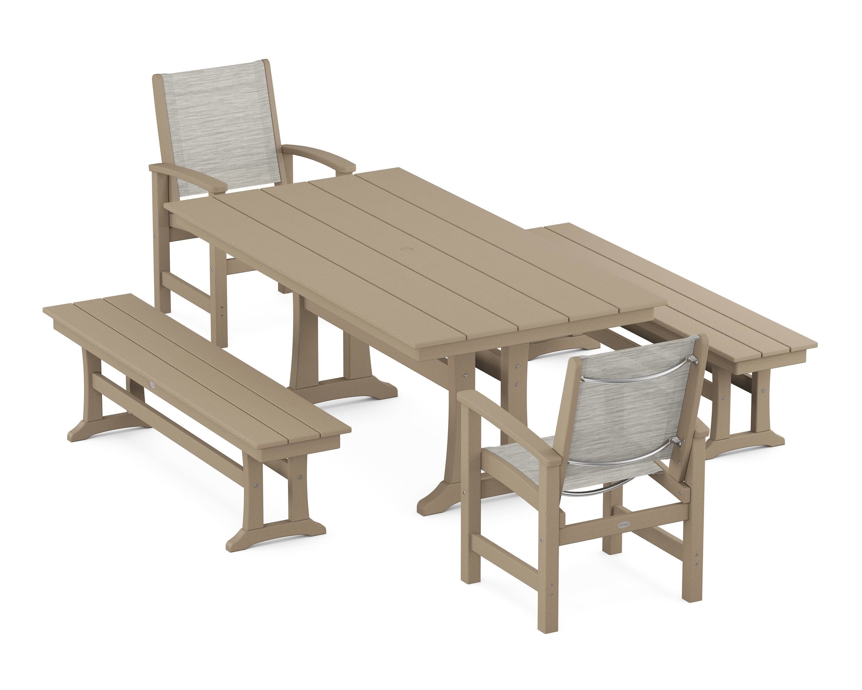 Coastal 5-Piece Farmhouse Dining Set with Trestle Legs and Benches in Vintage Sahara / Birch Sling