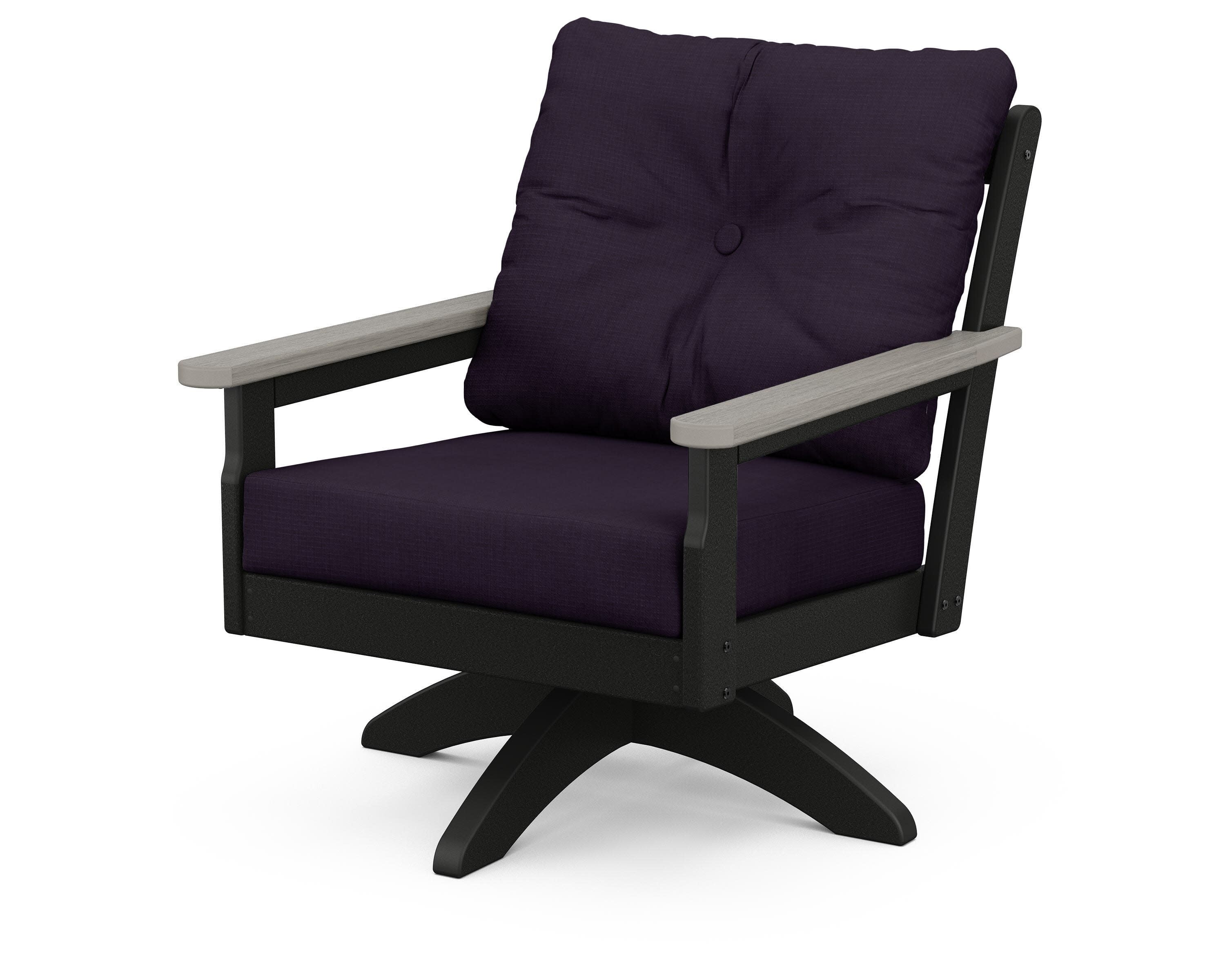 Vineyard Deep Seating Swivel Chair in Black / Driftwood / Navy Linen
