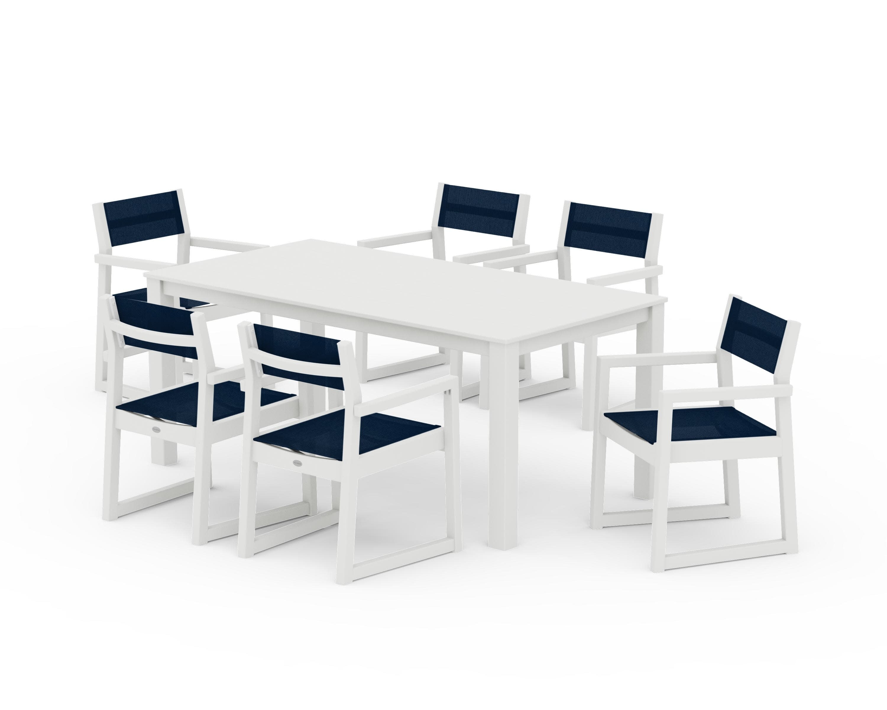 EDGE Sling Arm Chair 7-Piece Parsons Dining Set in Vintage White / Navy Blue Sling