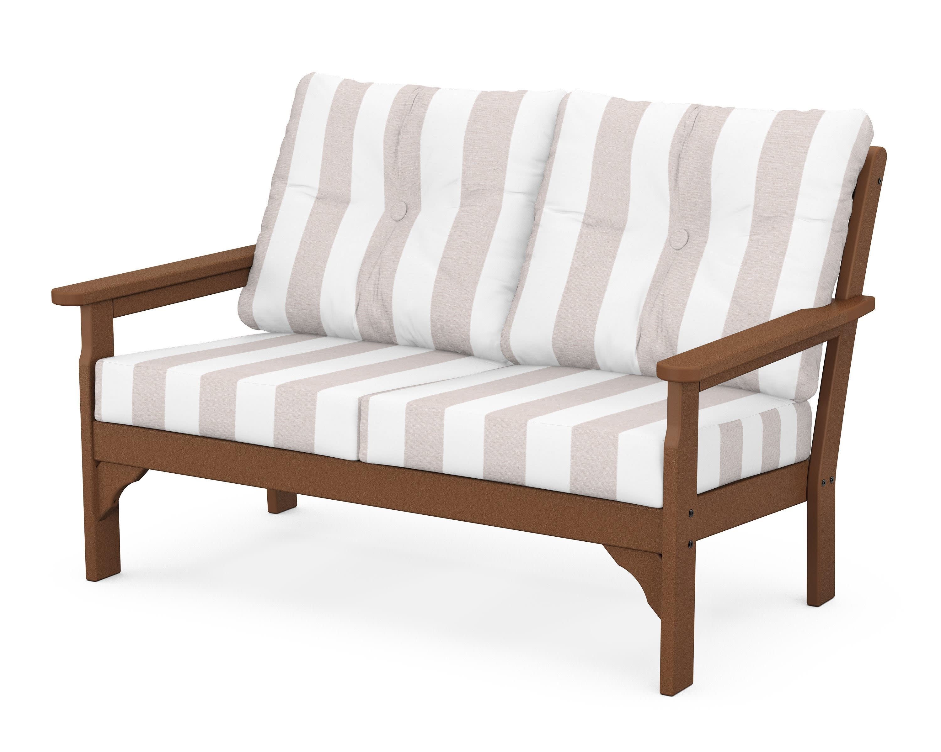 Vineyard Deep Seating Loveseat in Teak / Cabana Stripe Dune Burlap