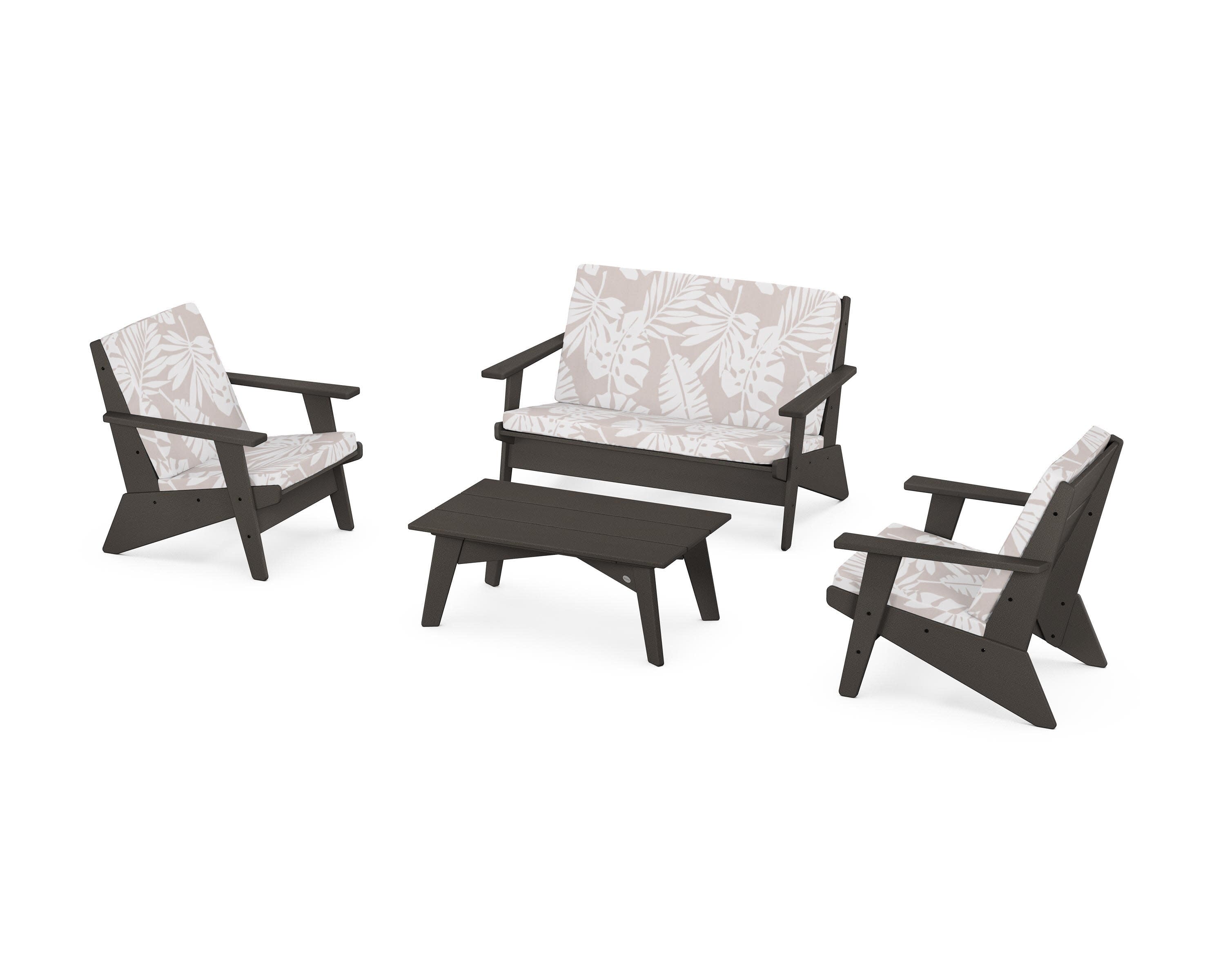 Riviera Modern Lounge 4-Piece Set in Vintage Coffee / Leaf Dune Burlap