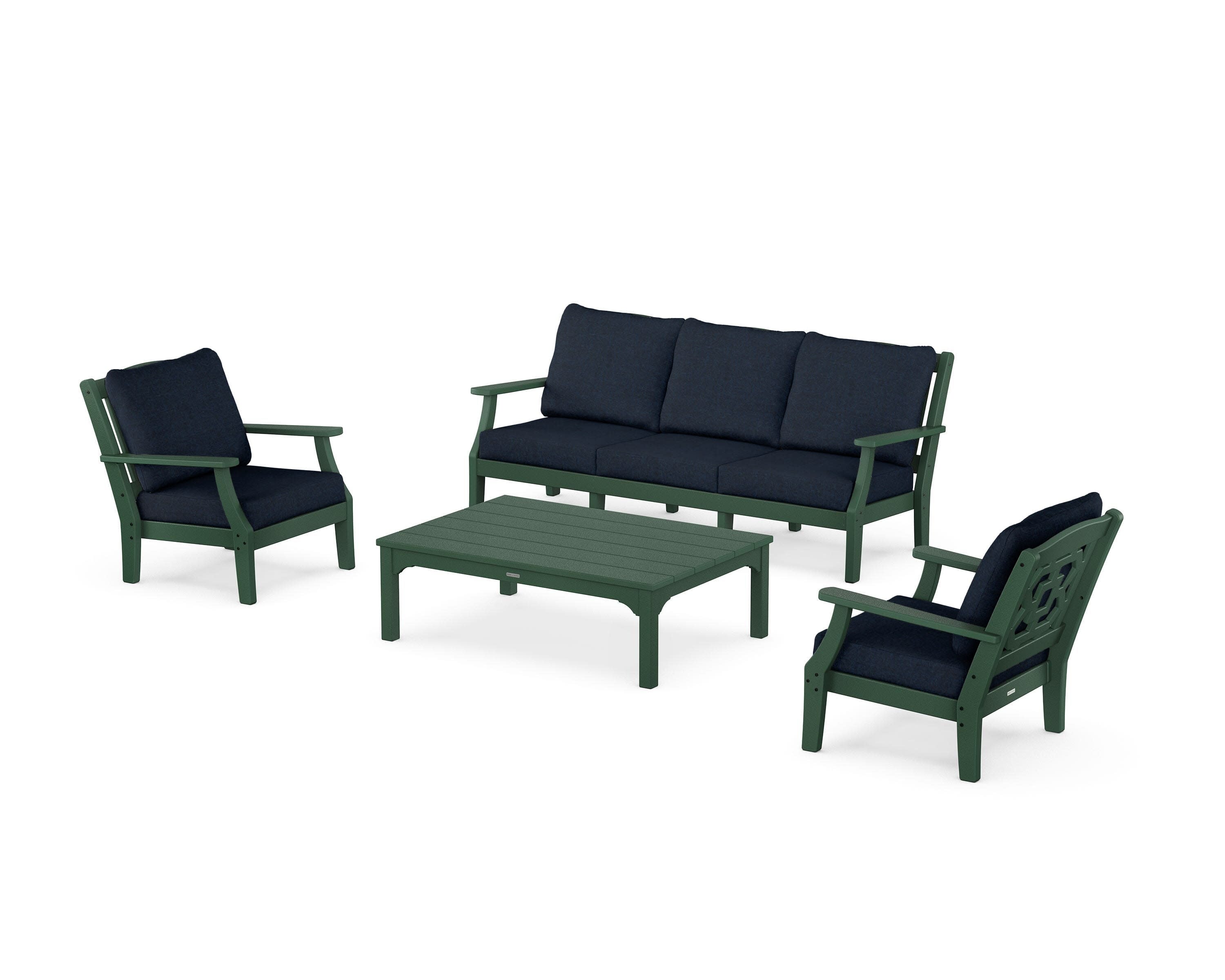 Chinoiserie 4-Piece Deep Seating Set with Sofa in Green / Marine Indigo