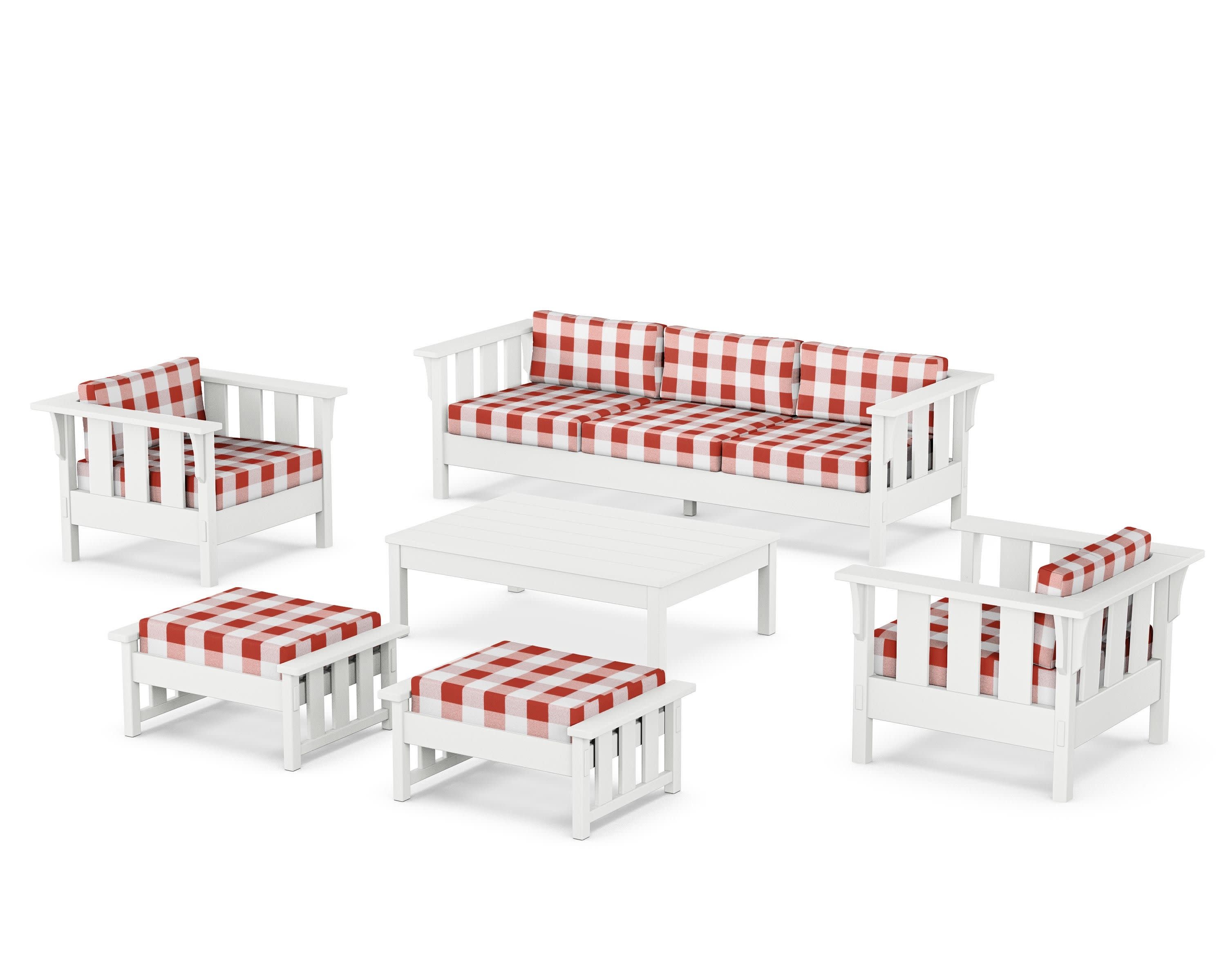 Acadia 6-Piece Lounge Sofa Set in White / Buffalo Plaid Crimson