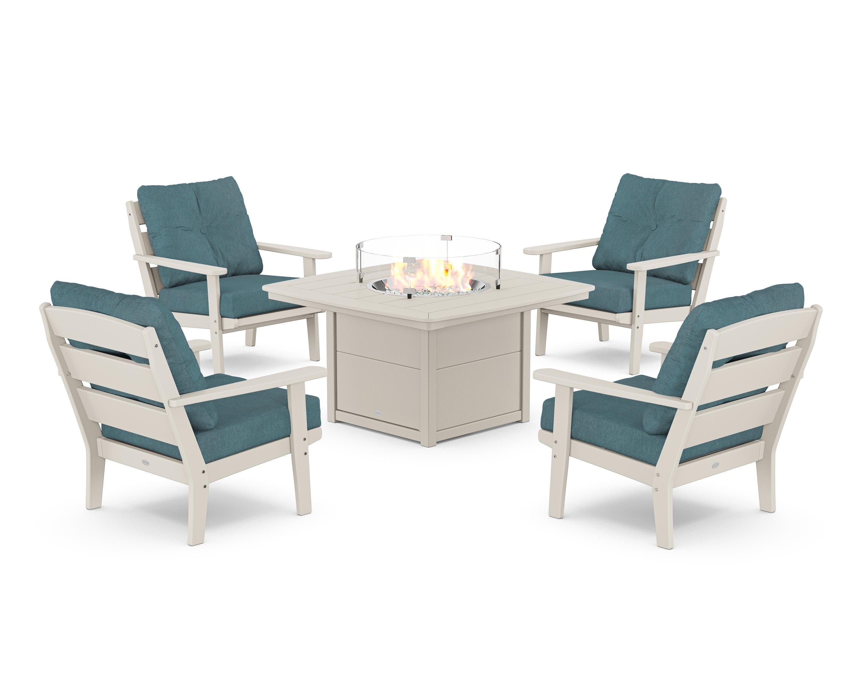 Lakeside 5-Piece Deep Seating Set with Nautical Fire Pit Table in Sand / Ocean Teal