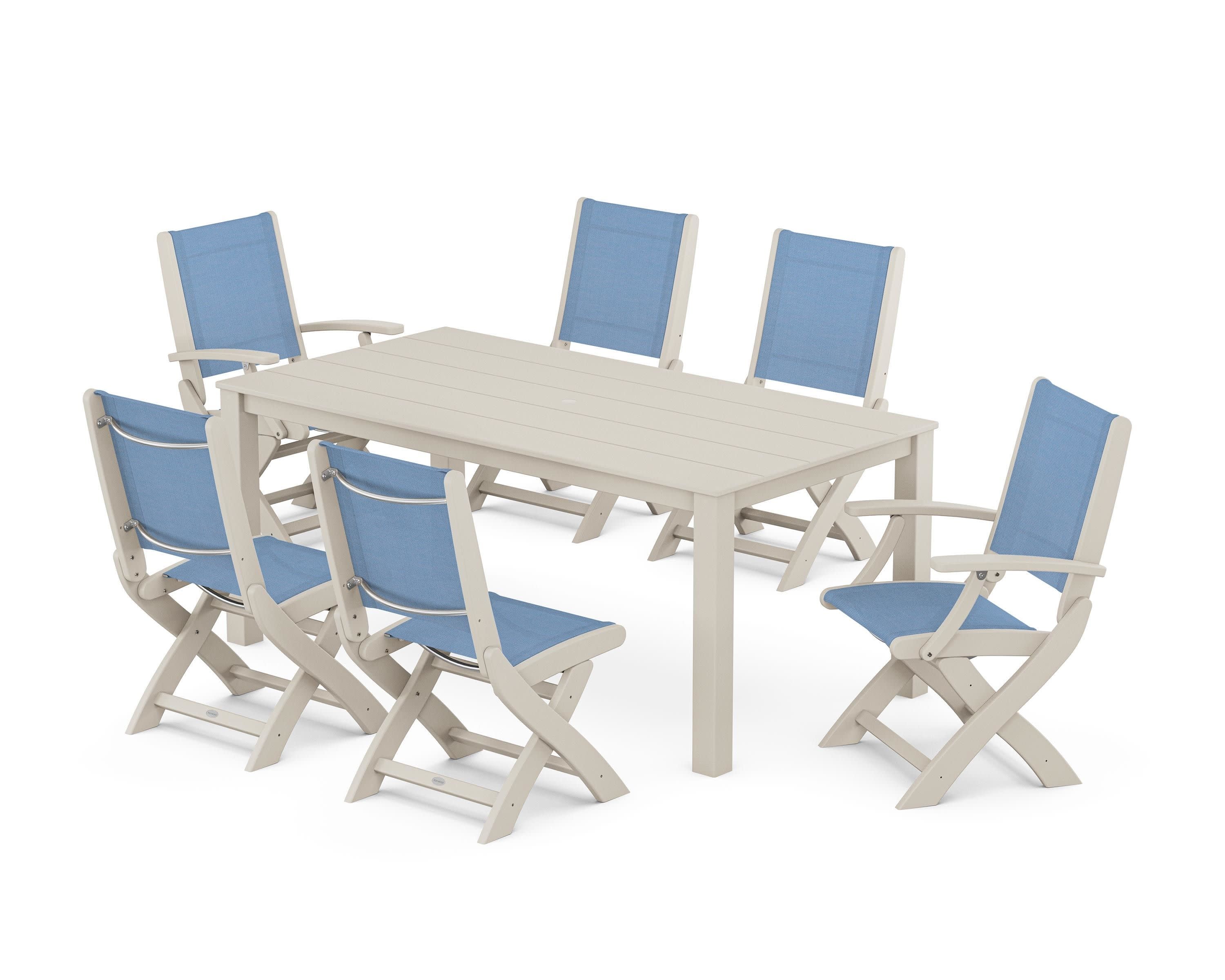 Coastal Folding Chair 7-Piece Parsons Dining Set in Sand / Poolside Sling