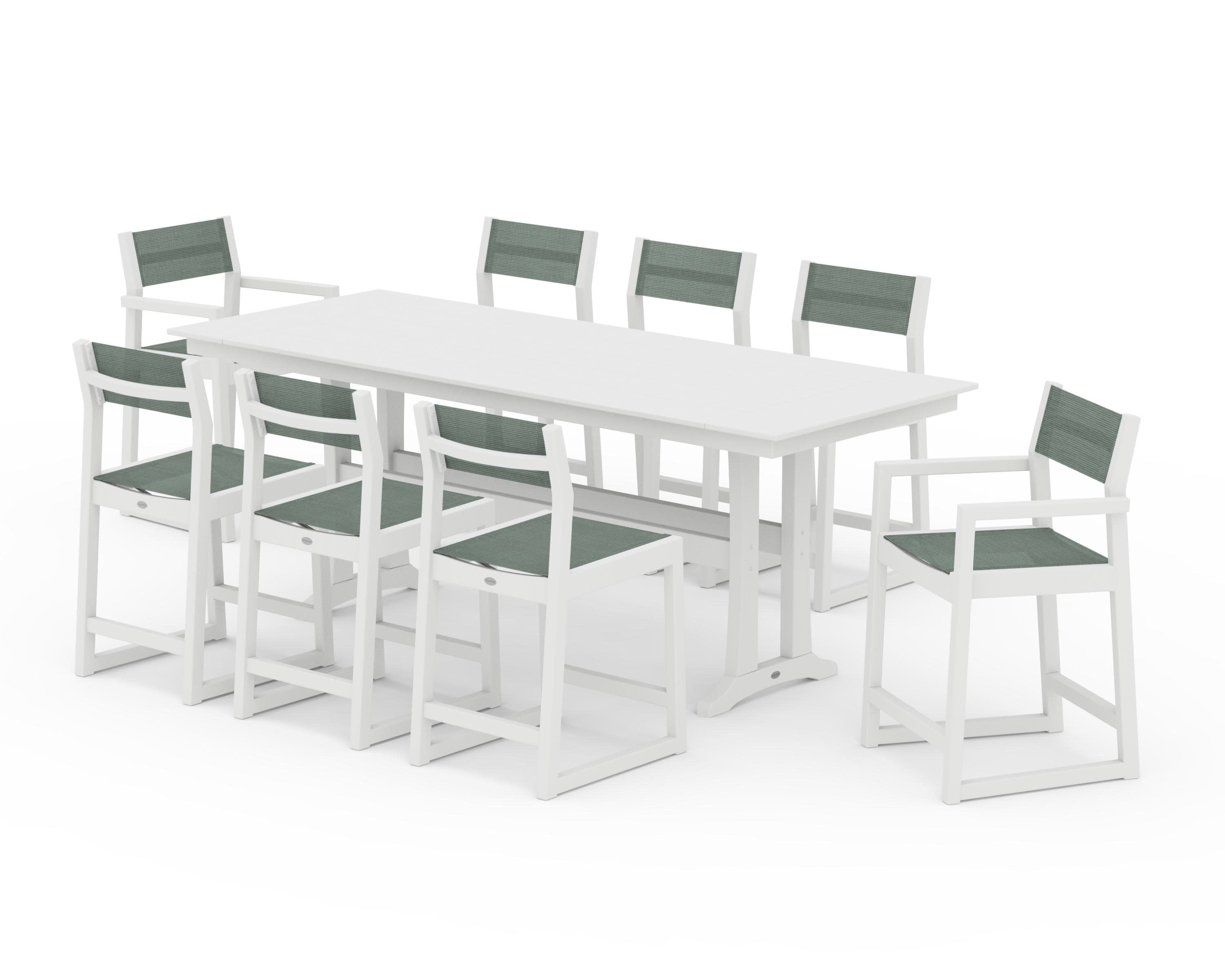 EDGE Sling 9-Piece Farmhouse Counter Set with Trestle Legs in White / Dupioni Sea Mist Sling