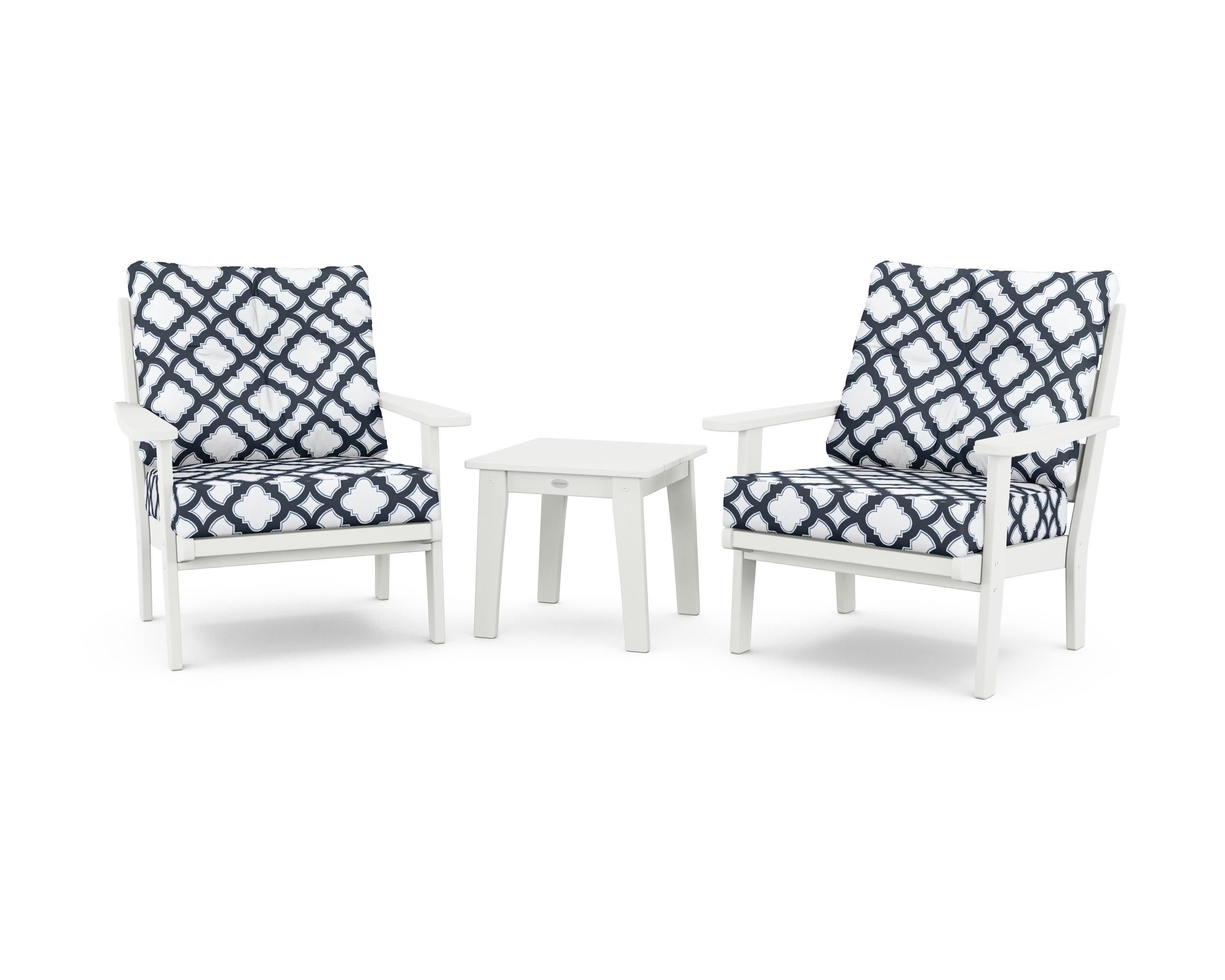 Lakeside 3-Piece Deep Seating Chair Set in Vintage White / Trellis Marine Indigo