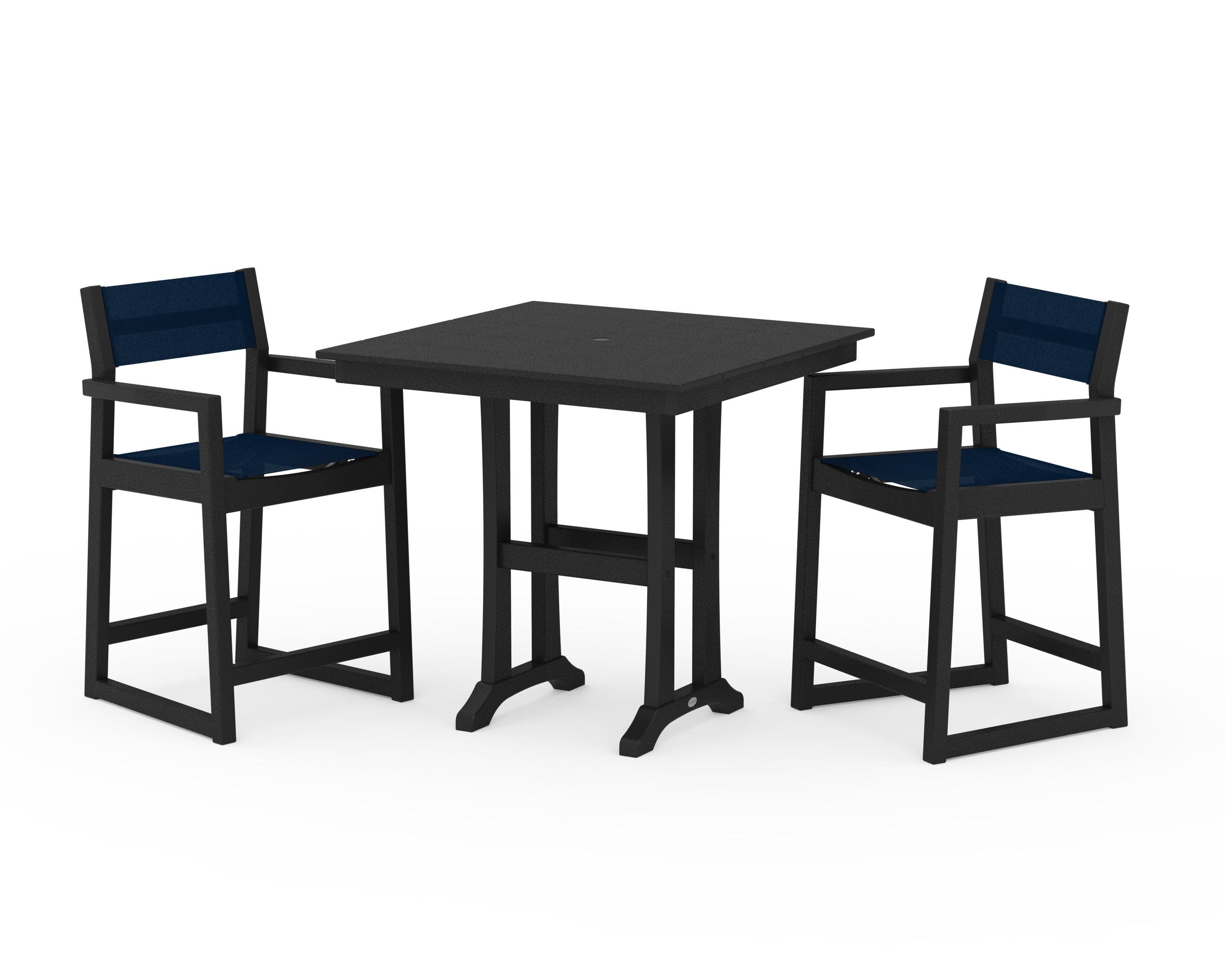 EDGE Sling Arm Chair 3-Piece Farmhouse Counter Set with Trestle Legs in Black / Navy Blue Sling