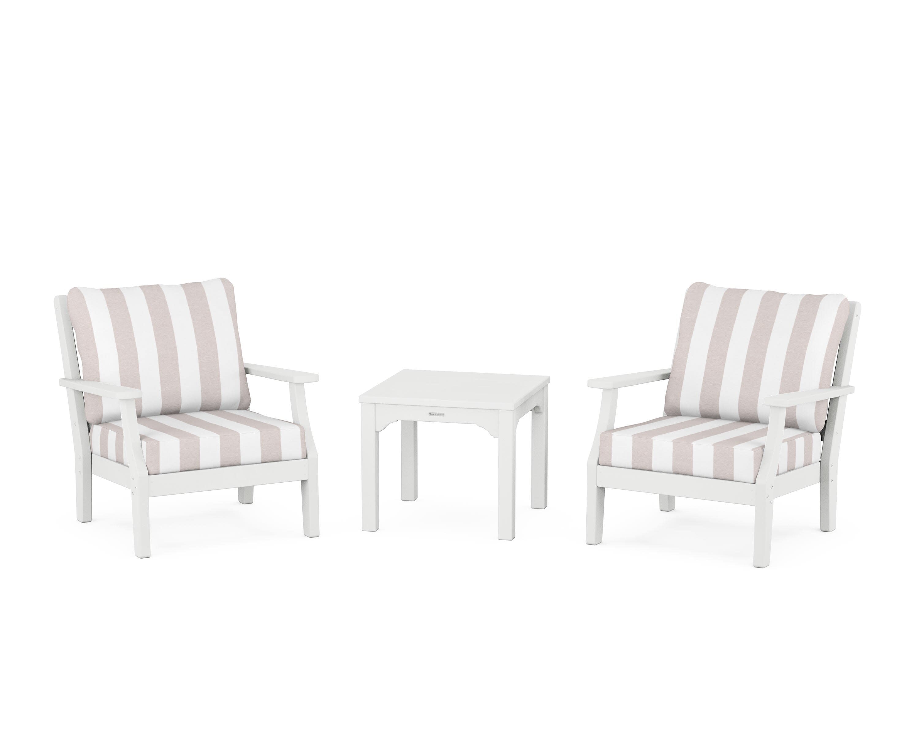 Chinoiserie 3-Piece Deep Seating Set in White / Cabana Stripe Dune Burlap
