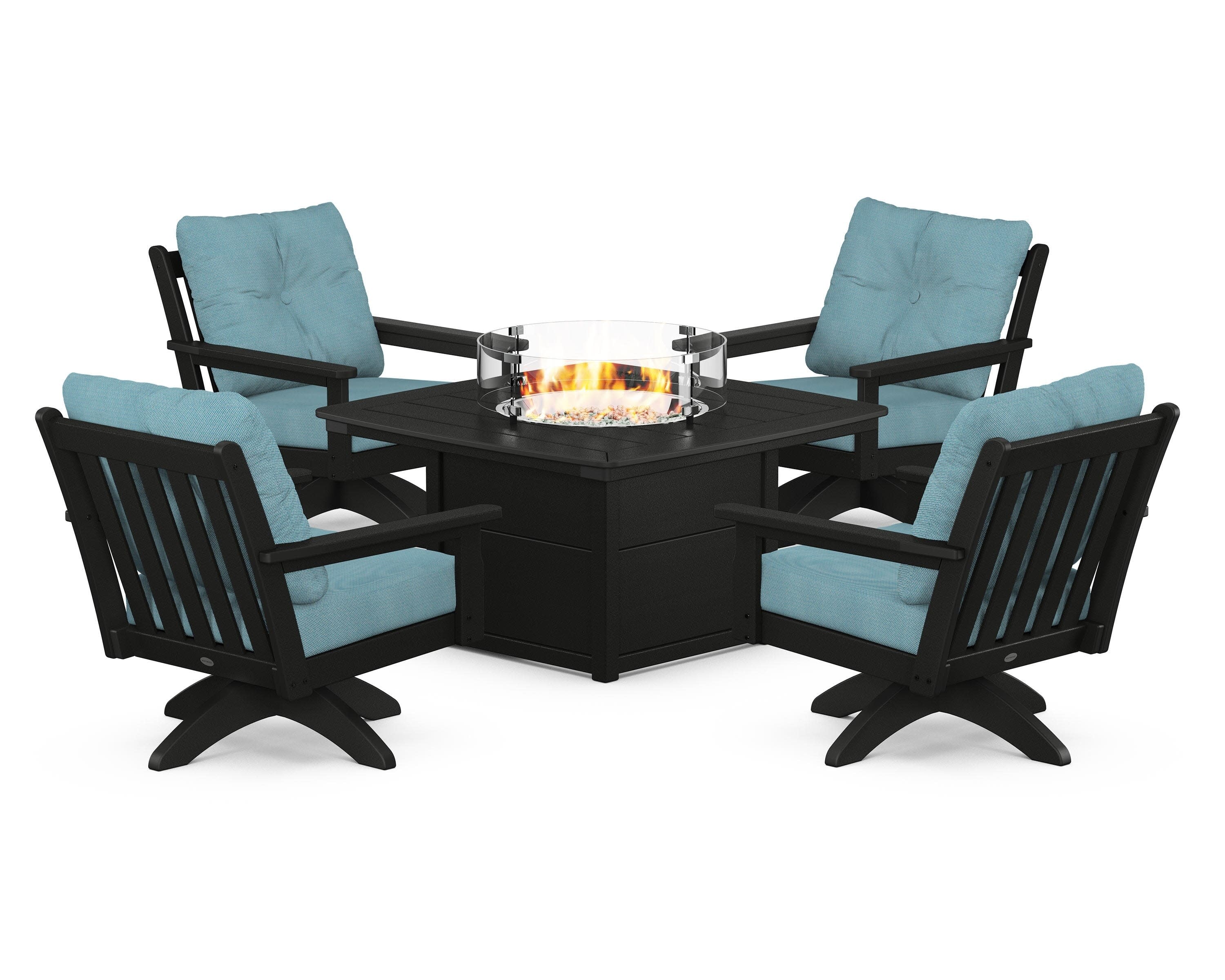Vineyard 5-Piece Deep Seating Swivel Conversation Set with Fire Pit Table in Black / Lattice Sky Blue