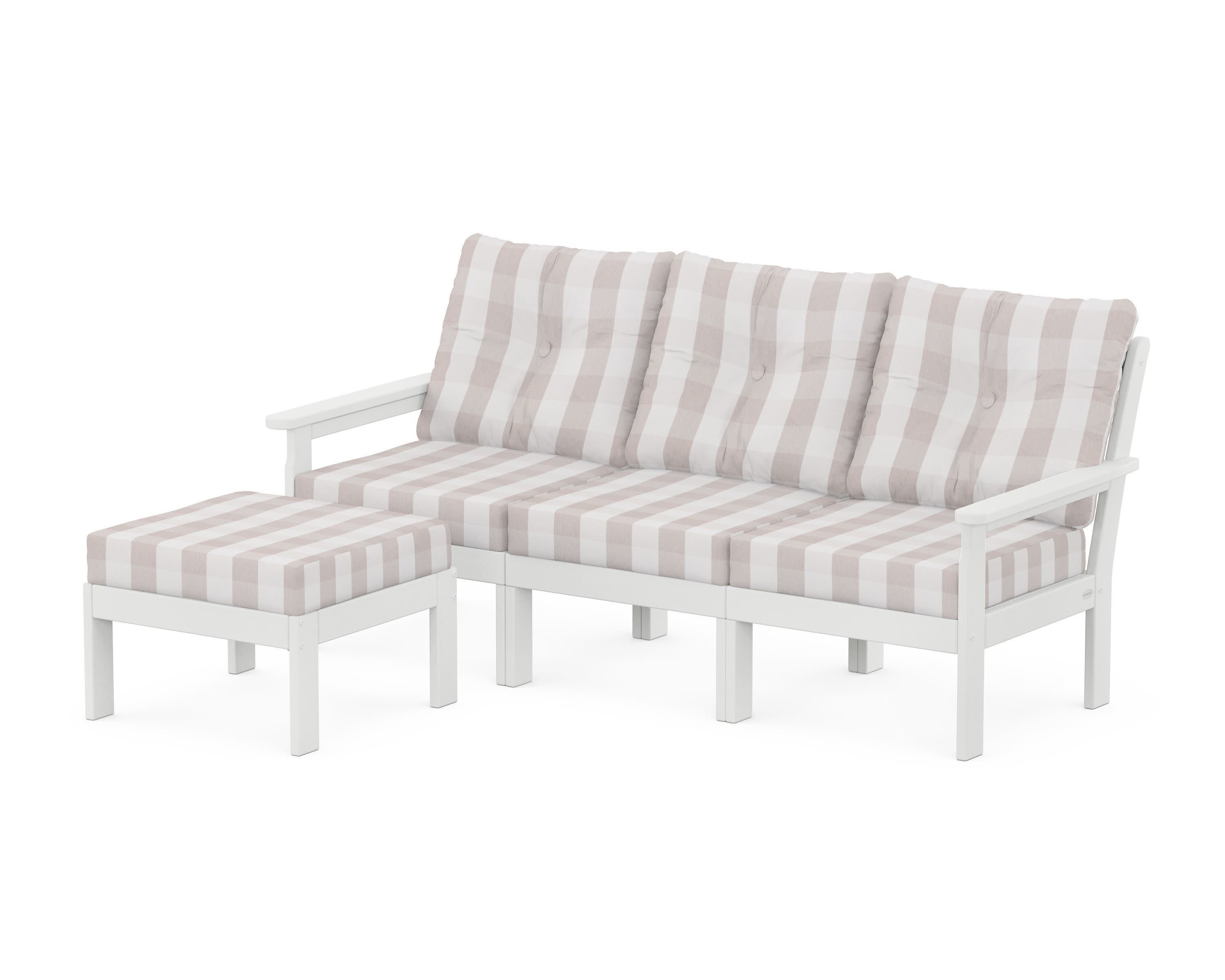 Vineyard 4-Piece Sectional with Ottoman in White / Buffalo Plaid Dune Burlap