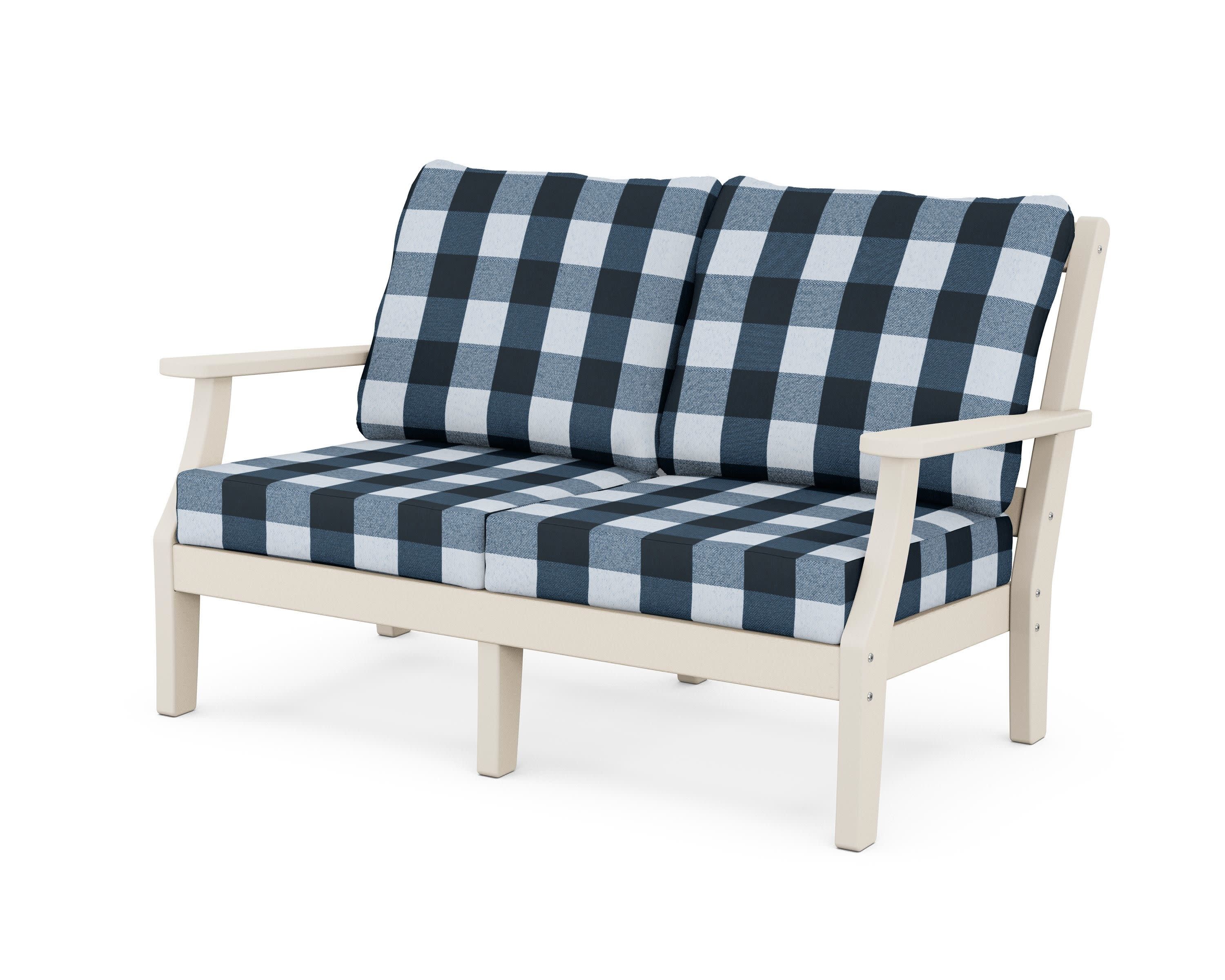Chinoiserie Deep Seating Loveseat in Sand / Buffalo Plaid Marine Indigo