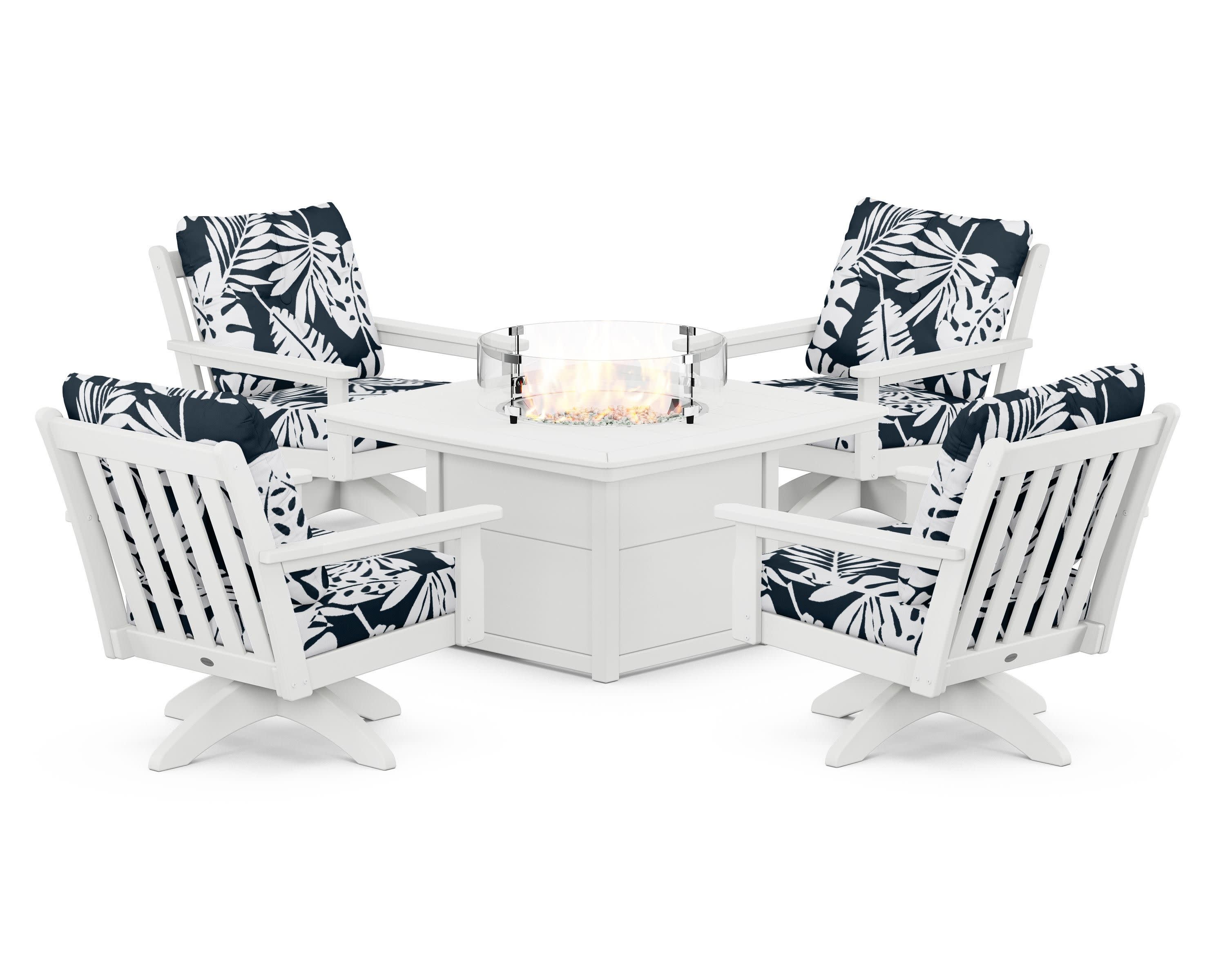 Vineyard 5-Piece Deep Seating Swivel Conversation Set with Fire Pit Table in White / Leaf Marine Indigo