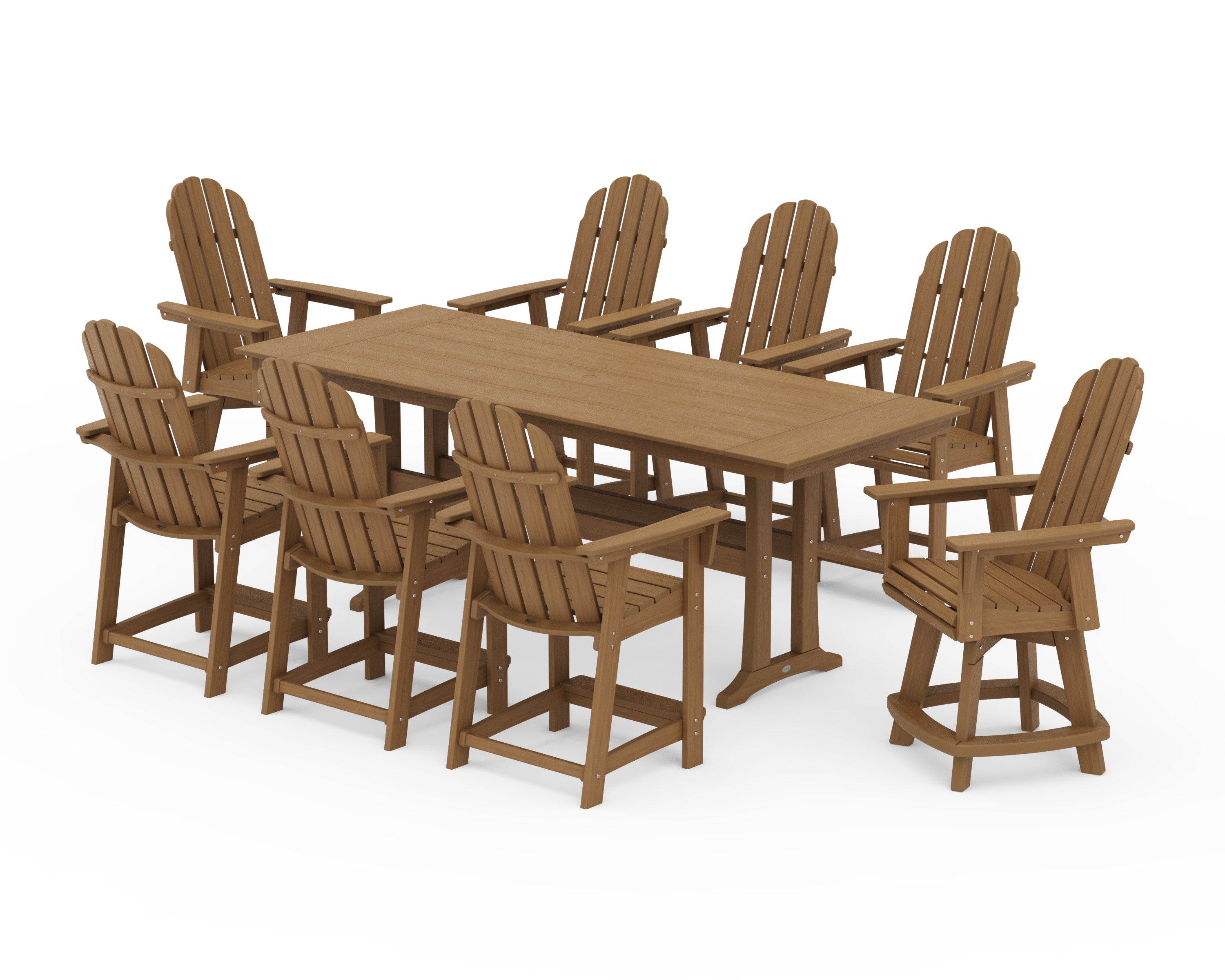 Vineyard Curveback Adirondack Swivel 9-Piece Farmhouse Counter Set with Trestle Legs in Natural