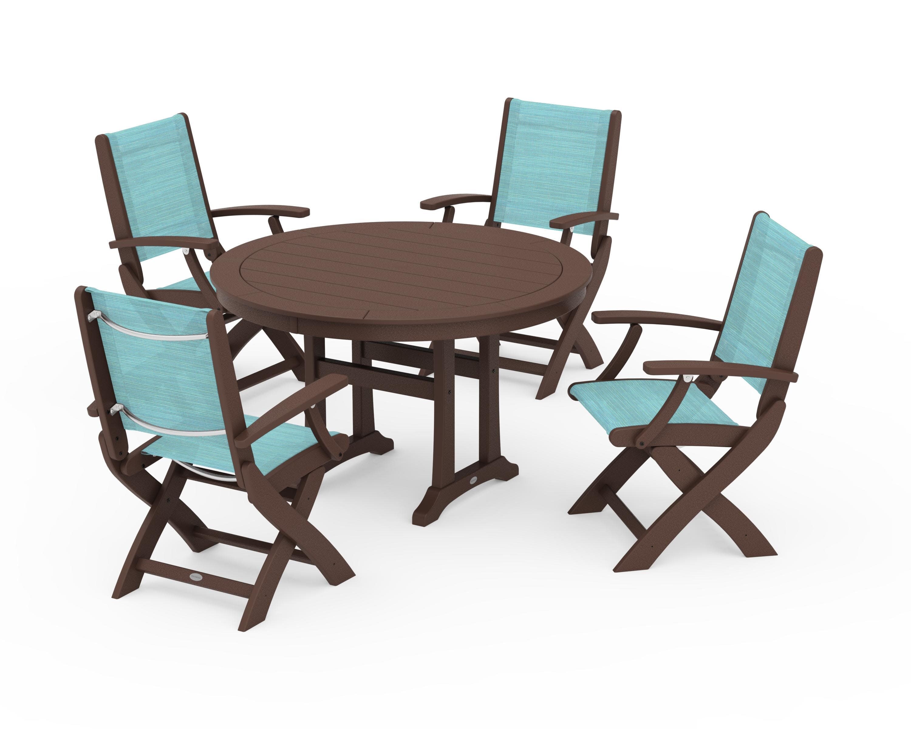 Coastal Folding Chair 5-Piece Round Dining Set with Trestle Legs in Mahogany / Dupioni Aquamarine Sling