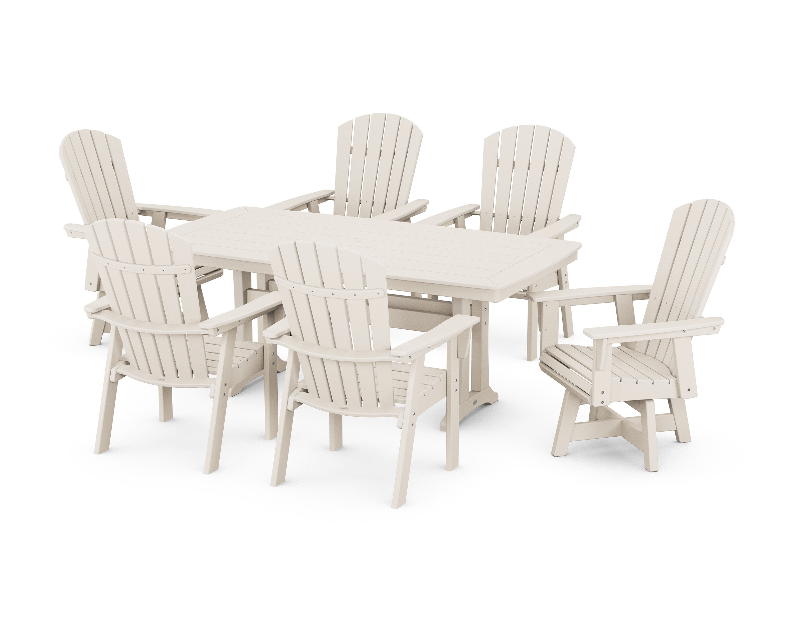 Nautical Curveback Adirondack Swivel Chair 7-Piece Dining Set with Trestle Legs in Sand
