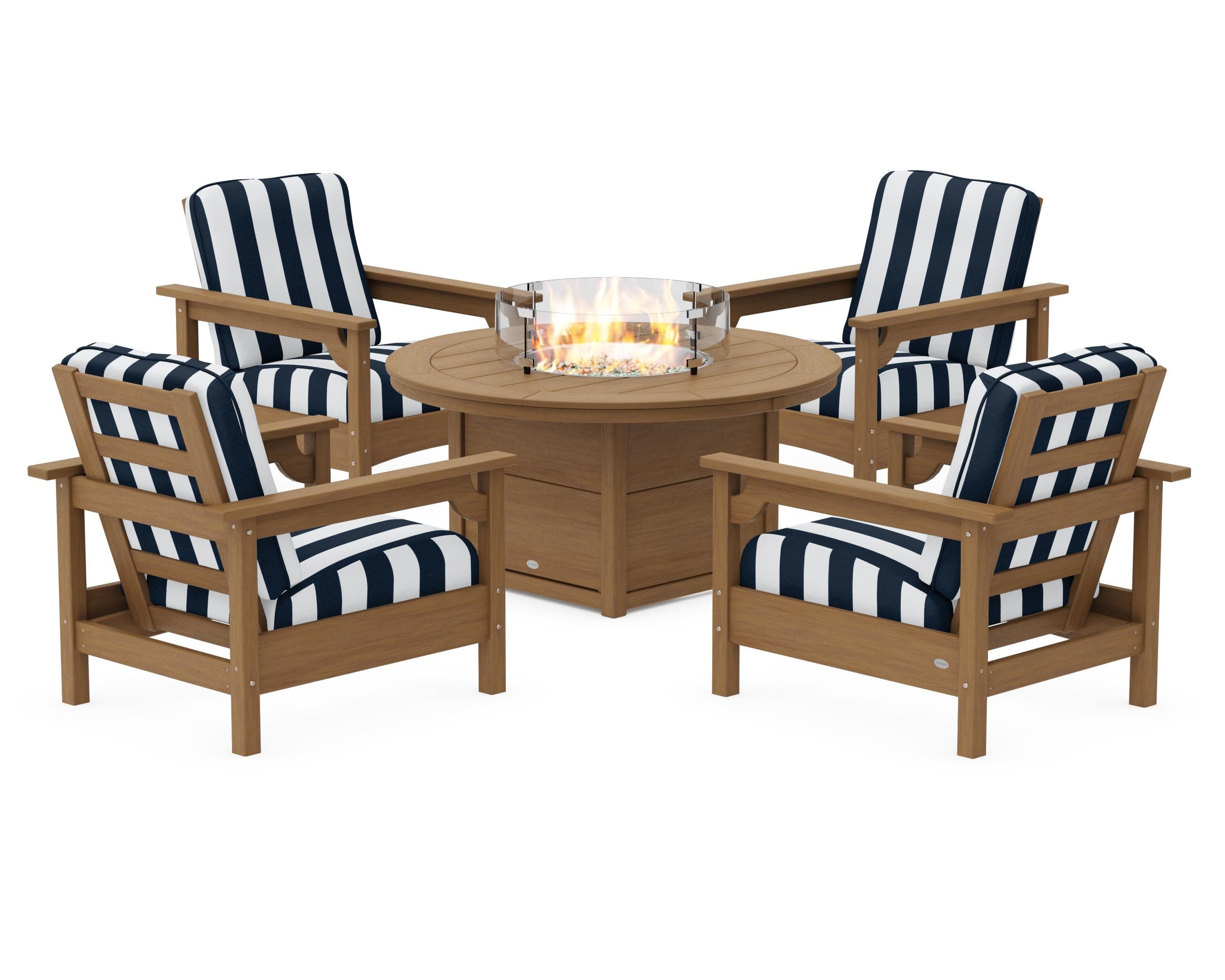 Club 5-Piece Conversation Set with Fire Pit Table in Natural / Cabana Stripe Marine Indigo