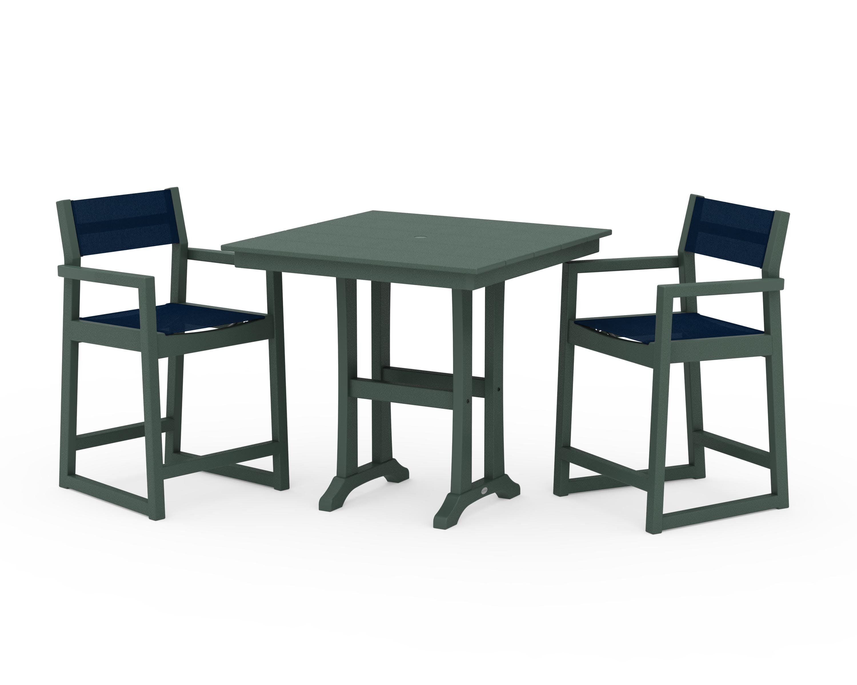 EDGE Sling Arm Chair 3-Piece Farmhouse Counter Set with Trestle Legs in Green / Navy Blue Sling
