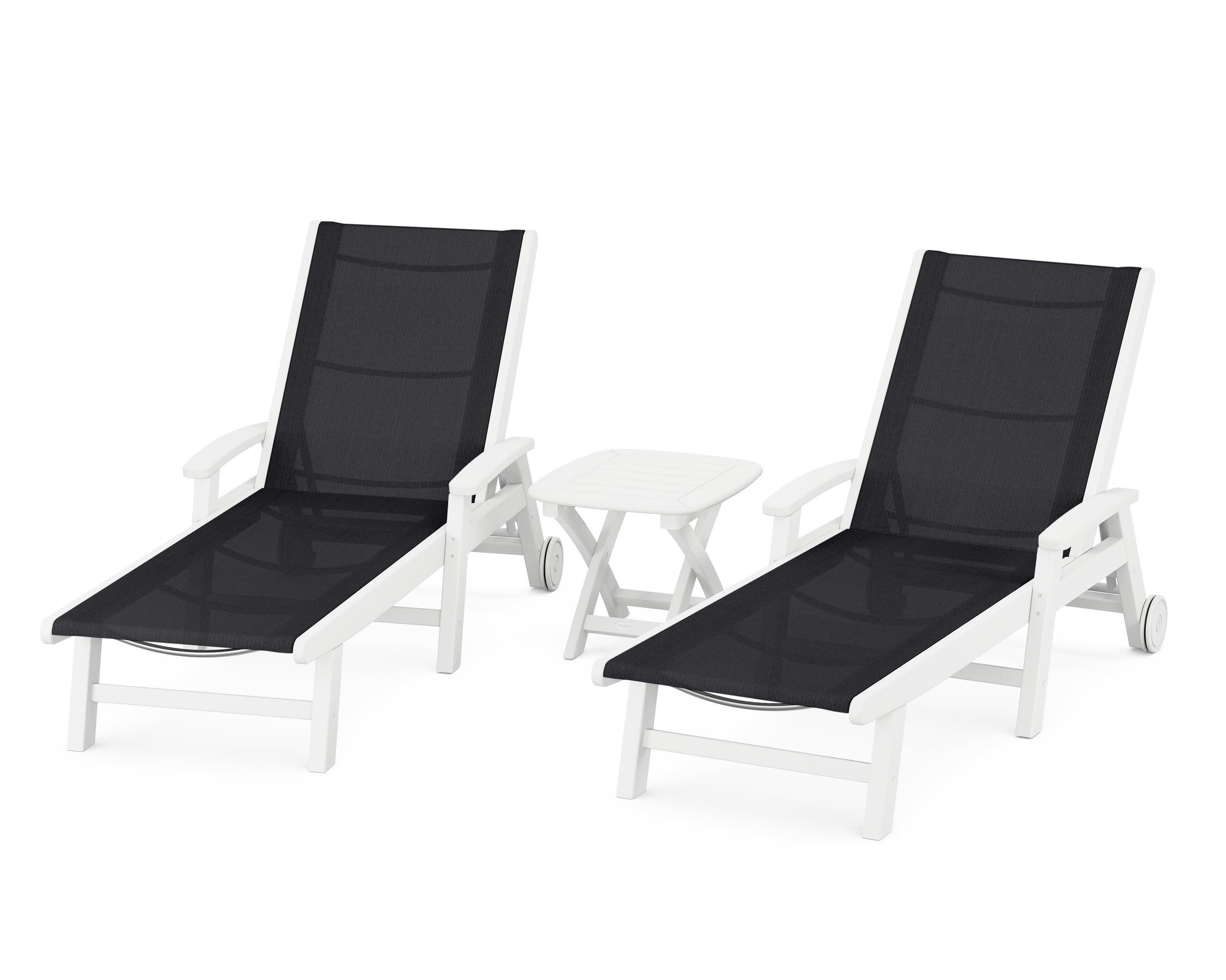 Coastal 3-Piece Wheeled Chaise Set in White / Black Sling