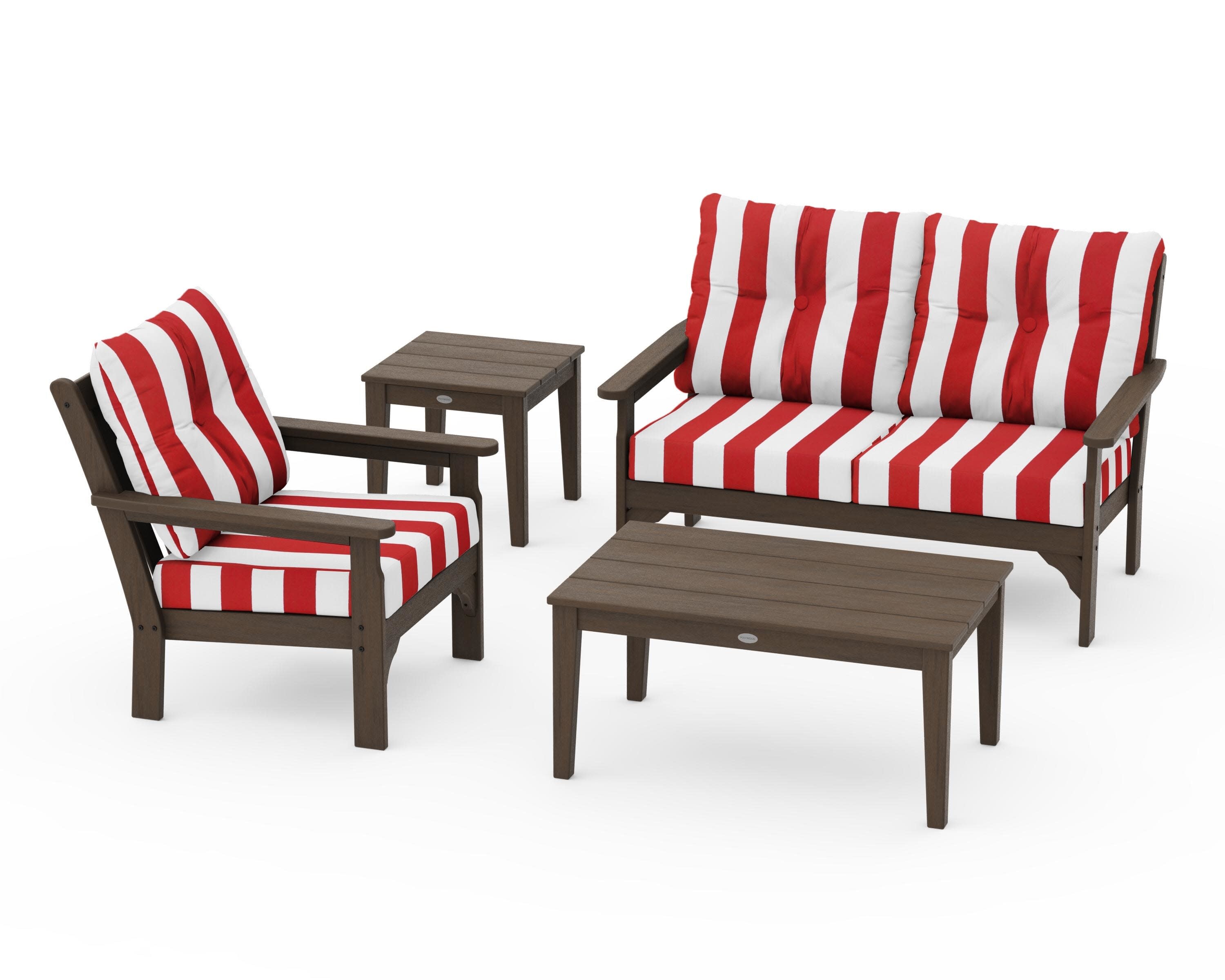 Vineyard 4-Piece Deep Seating Set in Kona / Cabana Stripe Crimson