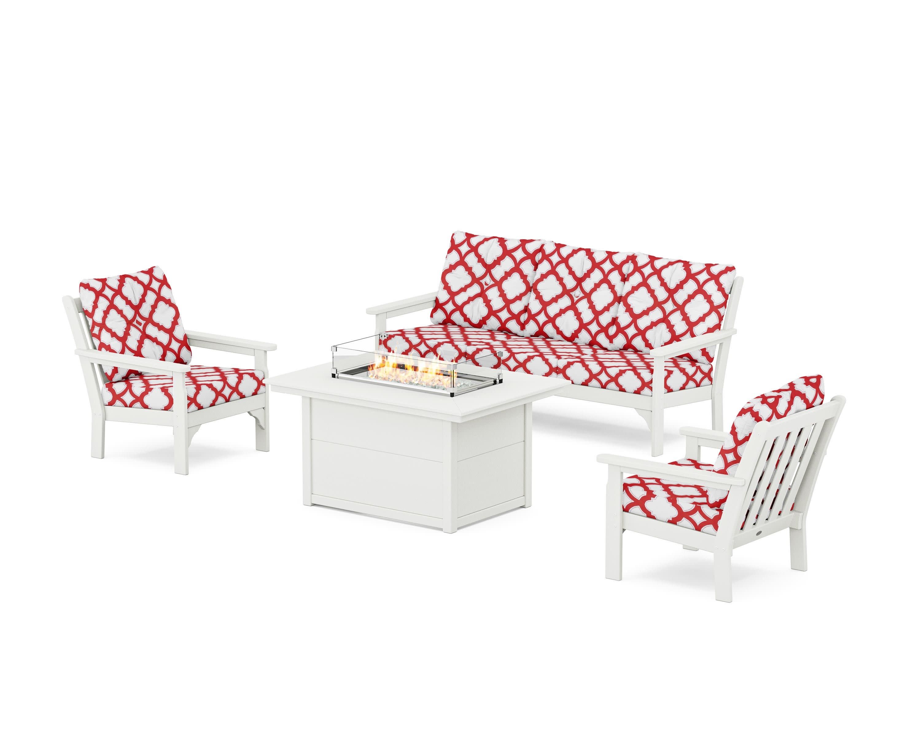 Vineyard Deep Seating Fire Pit Table Set in Vintage White / Trellis Crimson