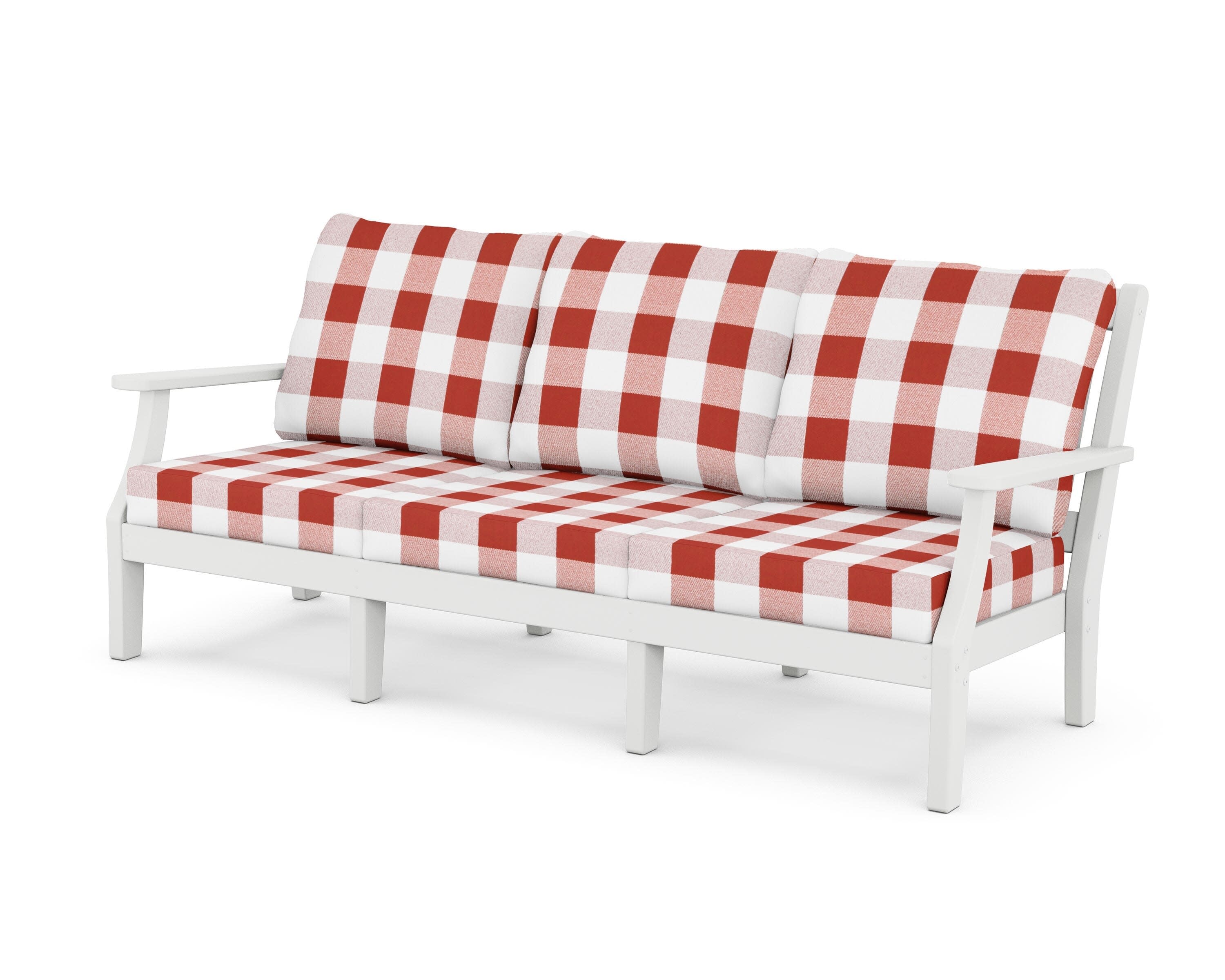 Chinoiserie Deep Seating Sofa in White / Buffalo Plaid Crimson