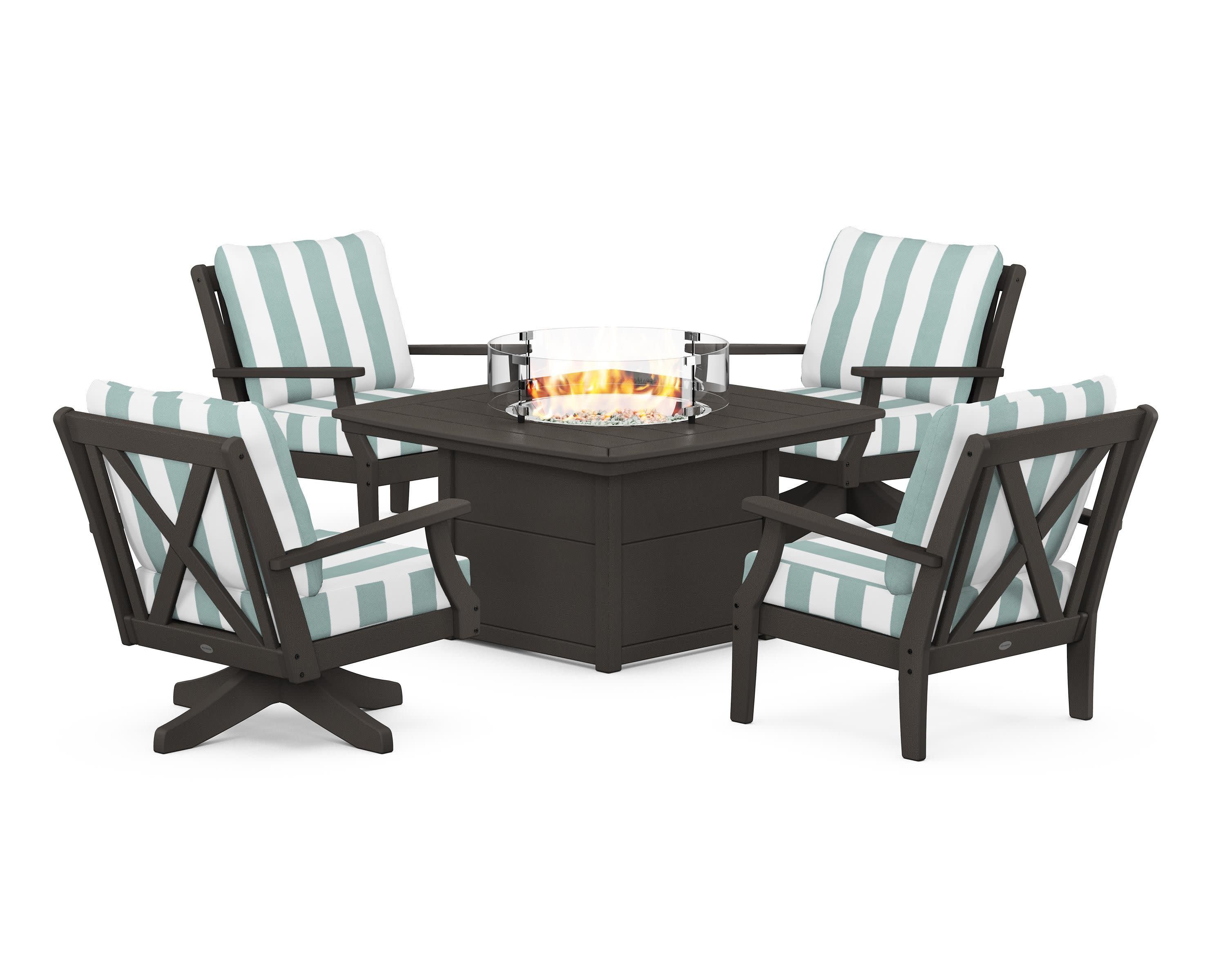 Braxton 5-Piece Deep Seating Set with Fire Table in Vintage Coffee / Cabana Stripe Glacier Spa