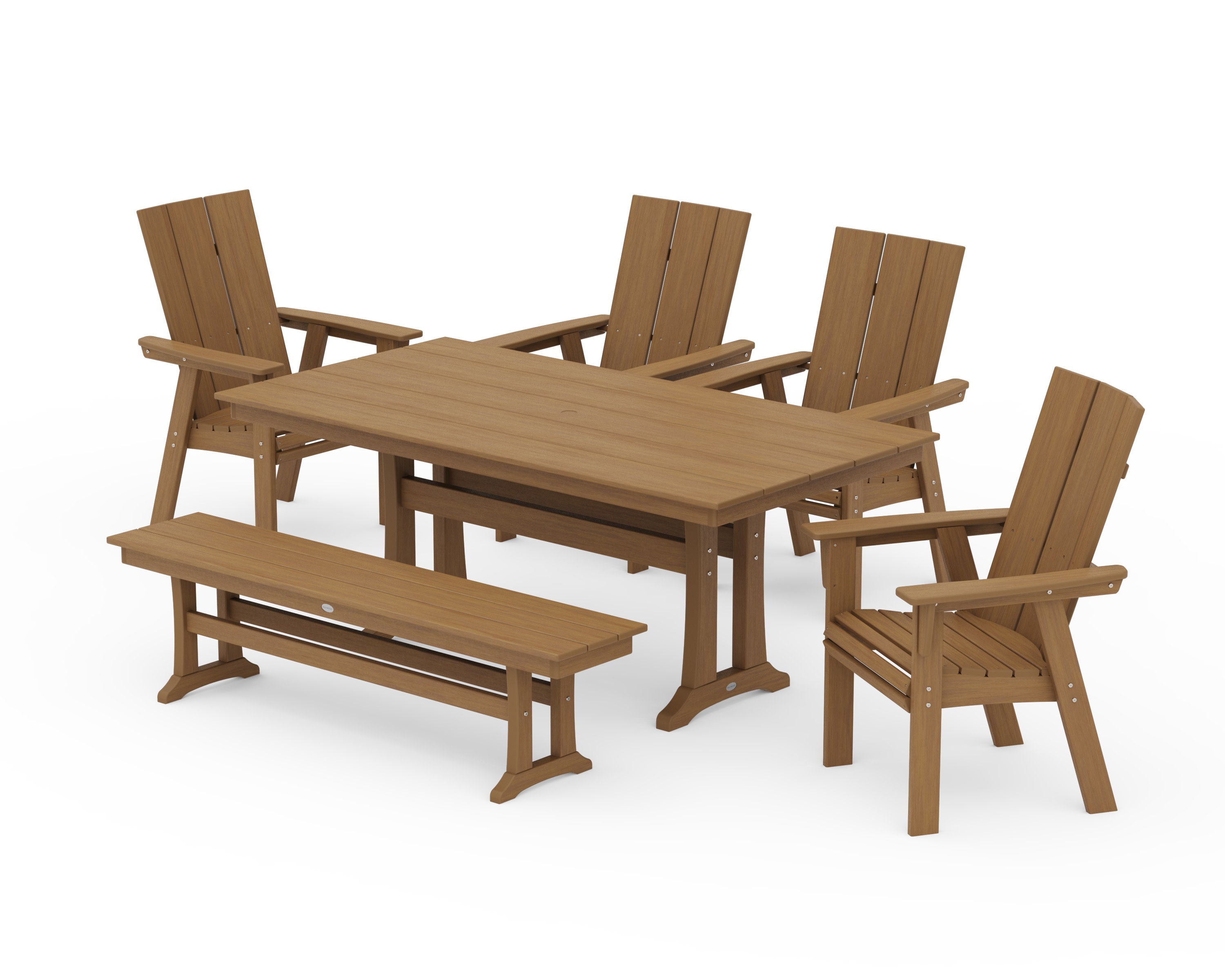 Modern Curveback Adirondack 6-Piece Farmhouse Dining Set with Trestle Legs and Bench in Natural