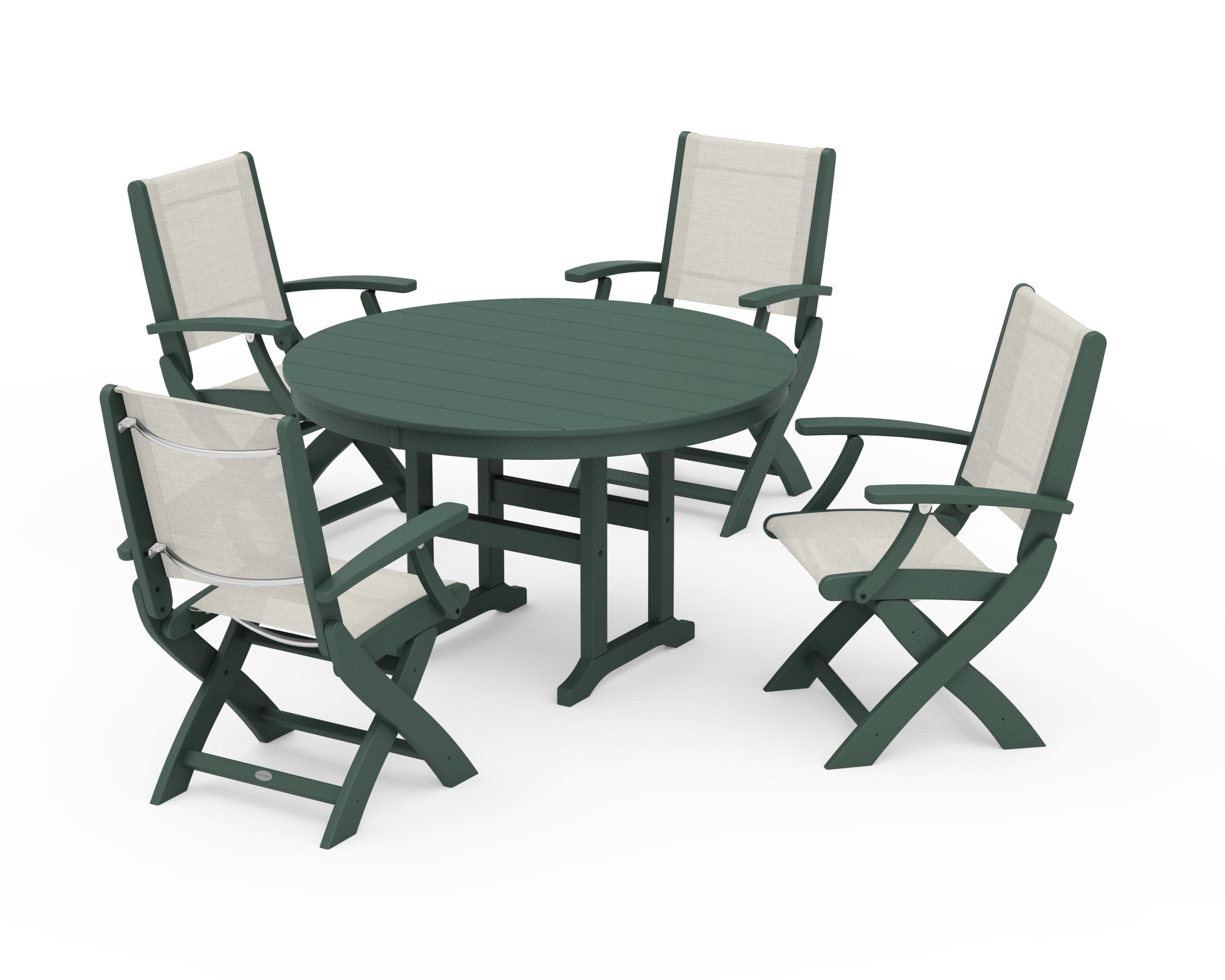 Coastal Folding Chair 5-Piece Round Dining Set in Green / Parchment Sling