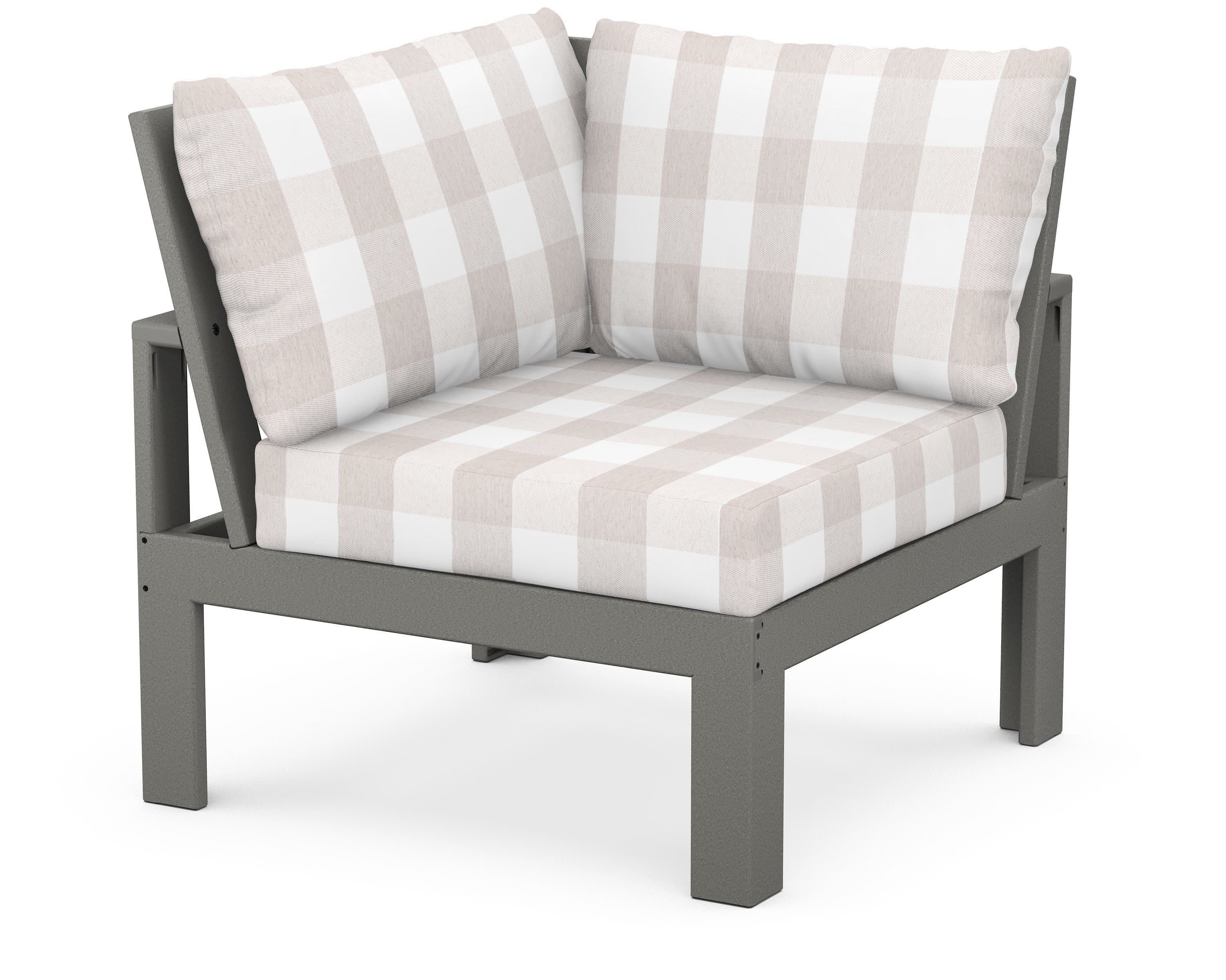 Modular Corner Chair in Slate Grey / Buffalo Plaid Dune Burlap