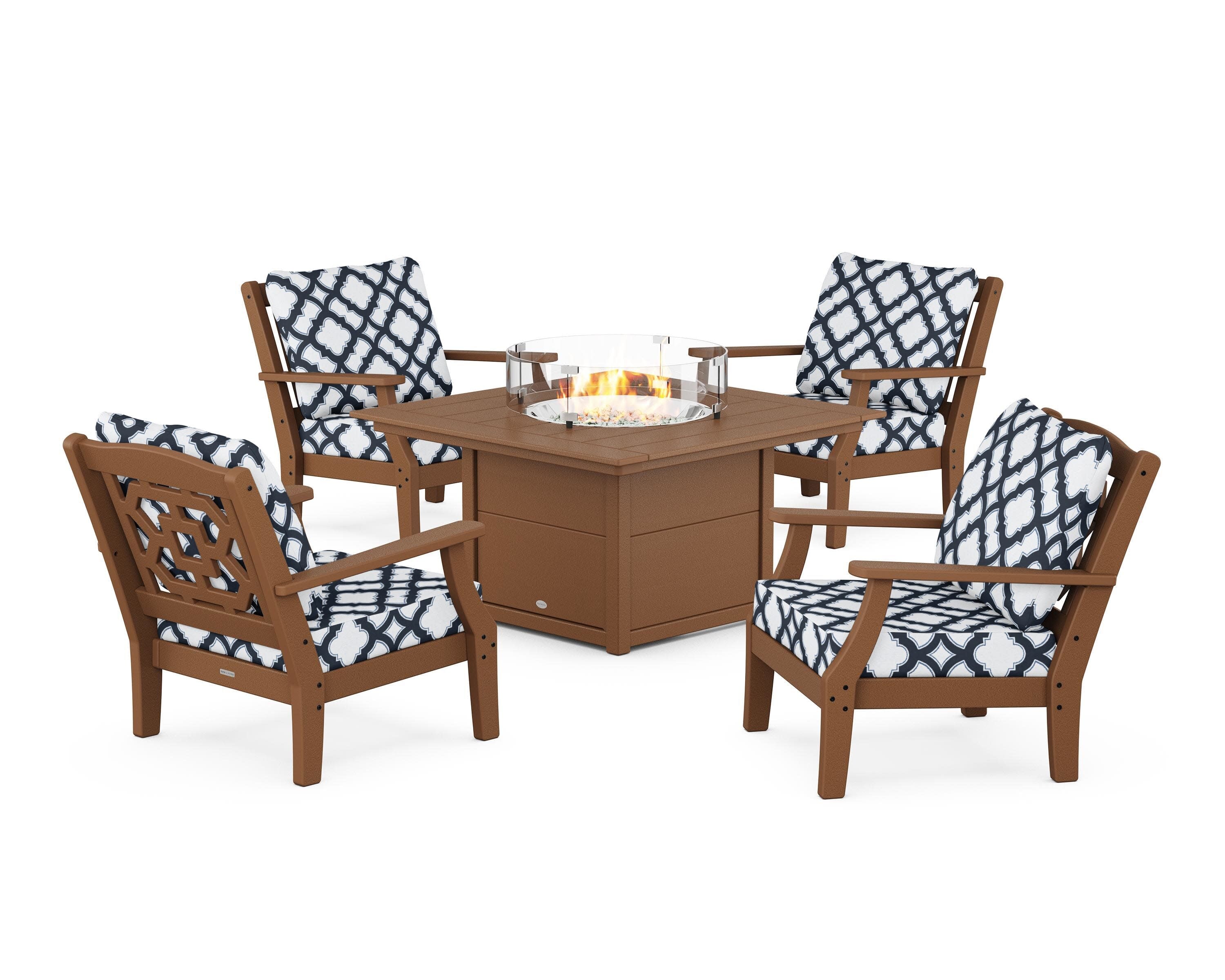 Chinoiserie 5-Piece Deep Seating Set with Fire Pit Table in Teak / Trellis Marine Indigo
