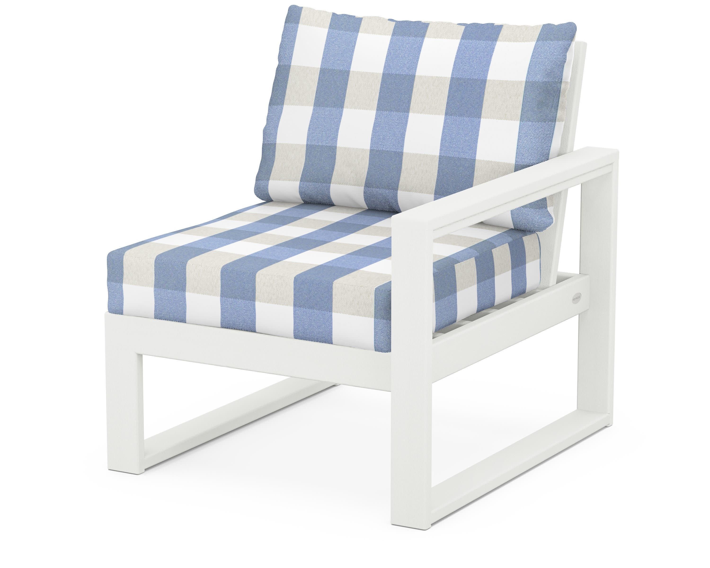 EDGE Modular Right Arm Chair in Vintage White / Buffalo Plaid Sky Blue