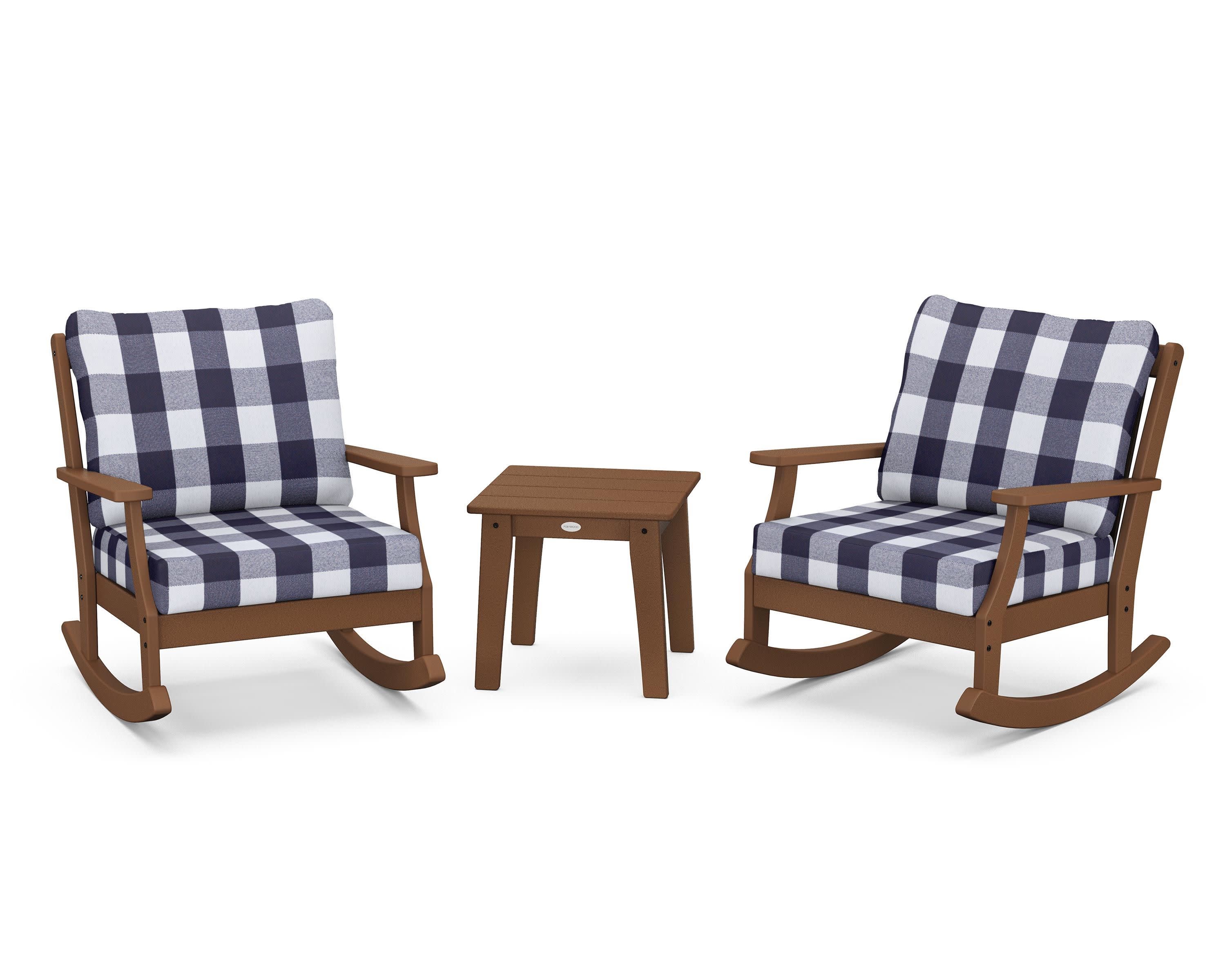 Braxton 3-Piece Deep Seating Rocker Set in Teak / Buffalo Plaid Navy