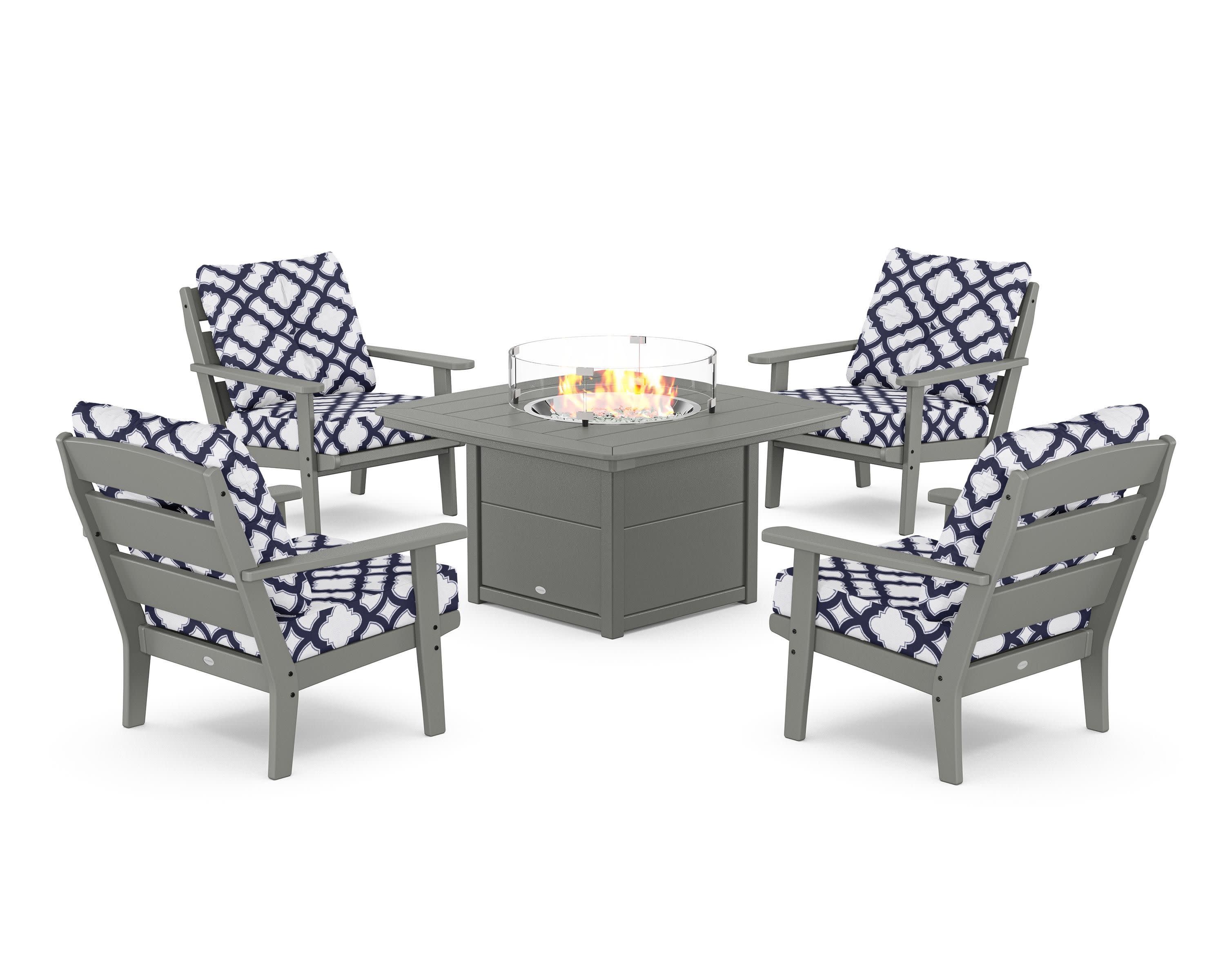 Lakeside 5-Piece Deep Seating Set with Nautical Fire Pit Table in Slate Grey / Trellis Navy