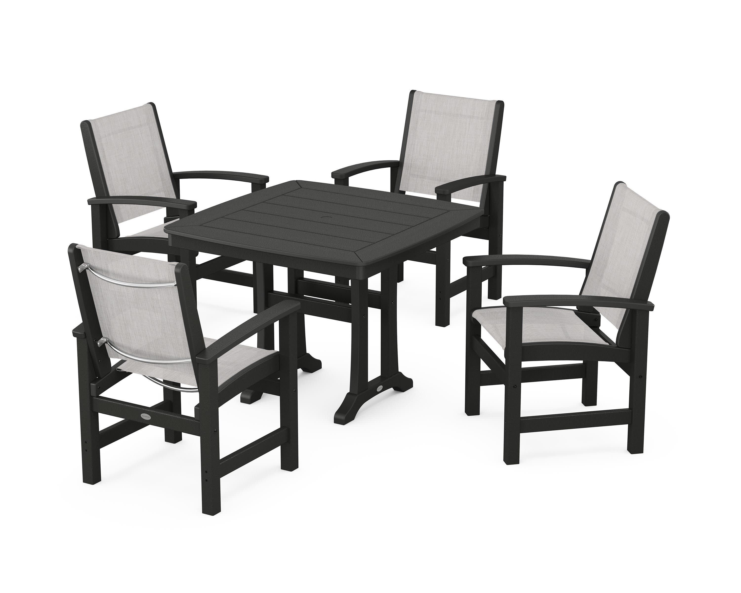 Coastal 5-Piece Dining Set with Trestle Legs in Black / Parchment Sling